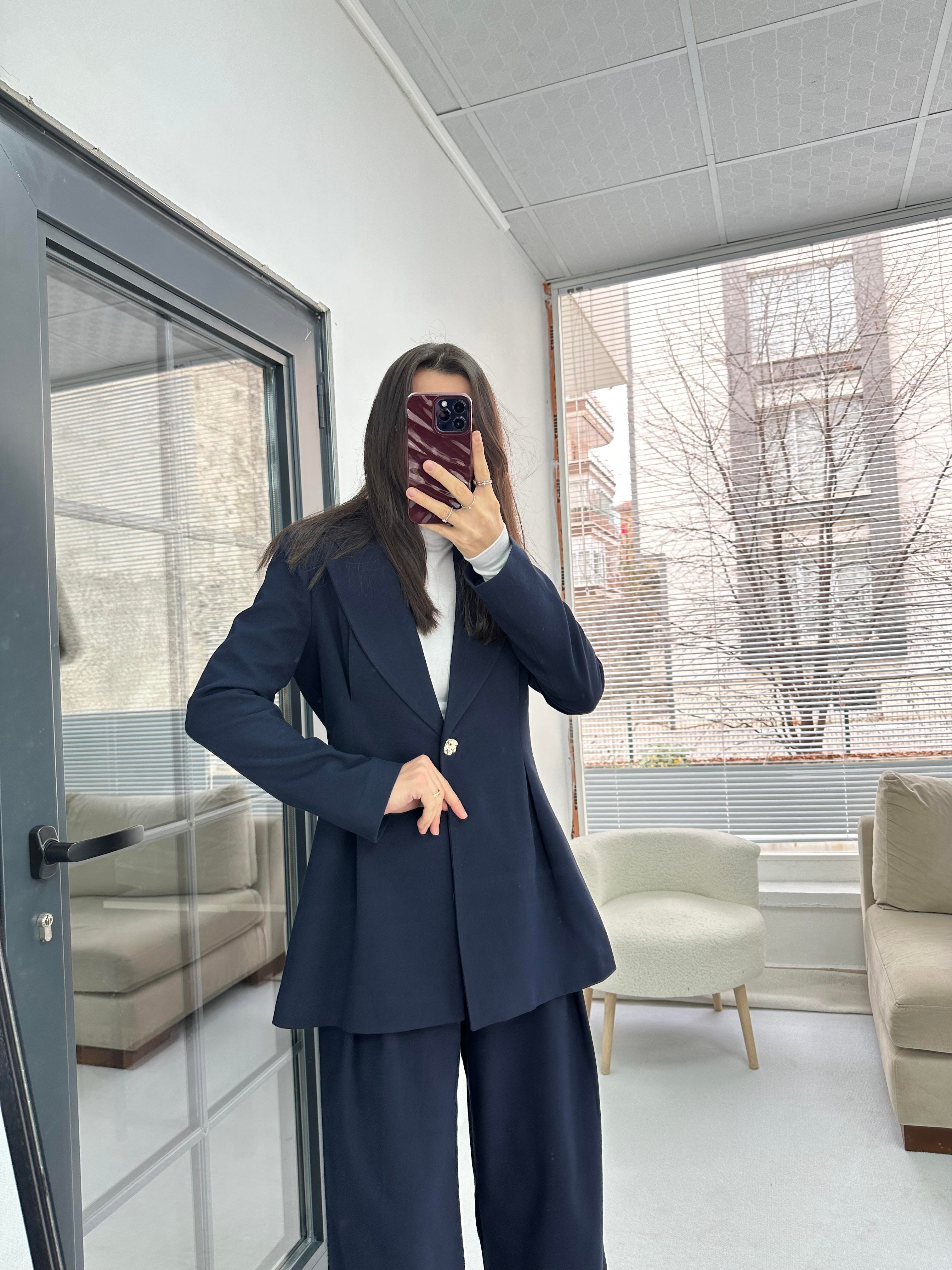 Pile Detaylı Lacivert Ceket