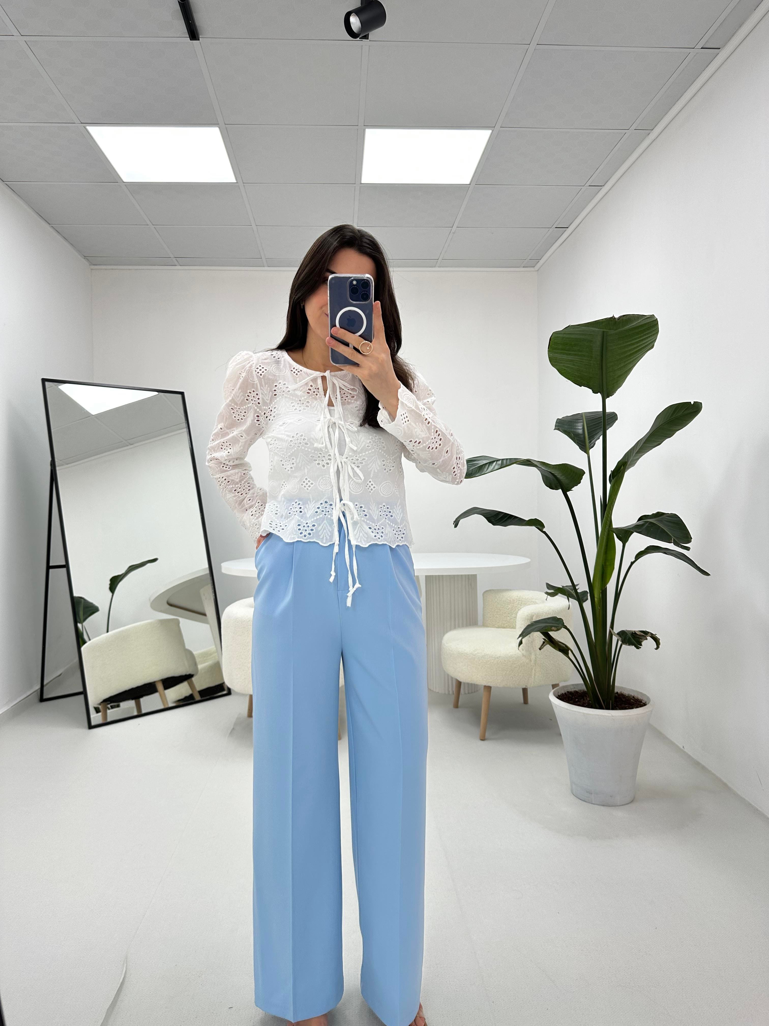 Piliseli Detaylı Palazzo Bebe Mavisi  Pantolon