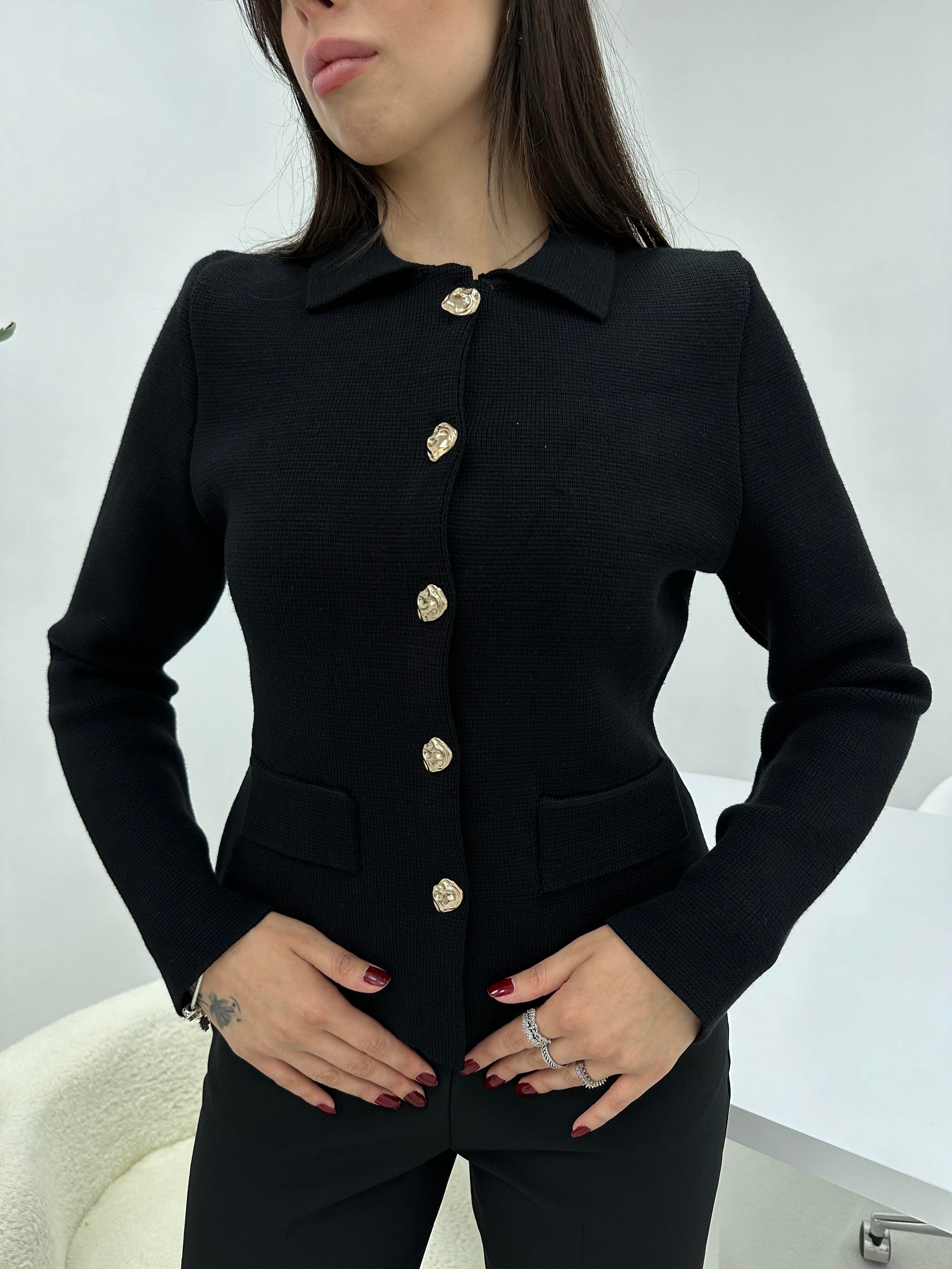 Polo Yaka Düğme Detaylı Siyah  Hırka 