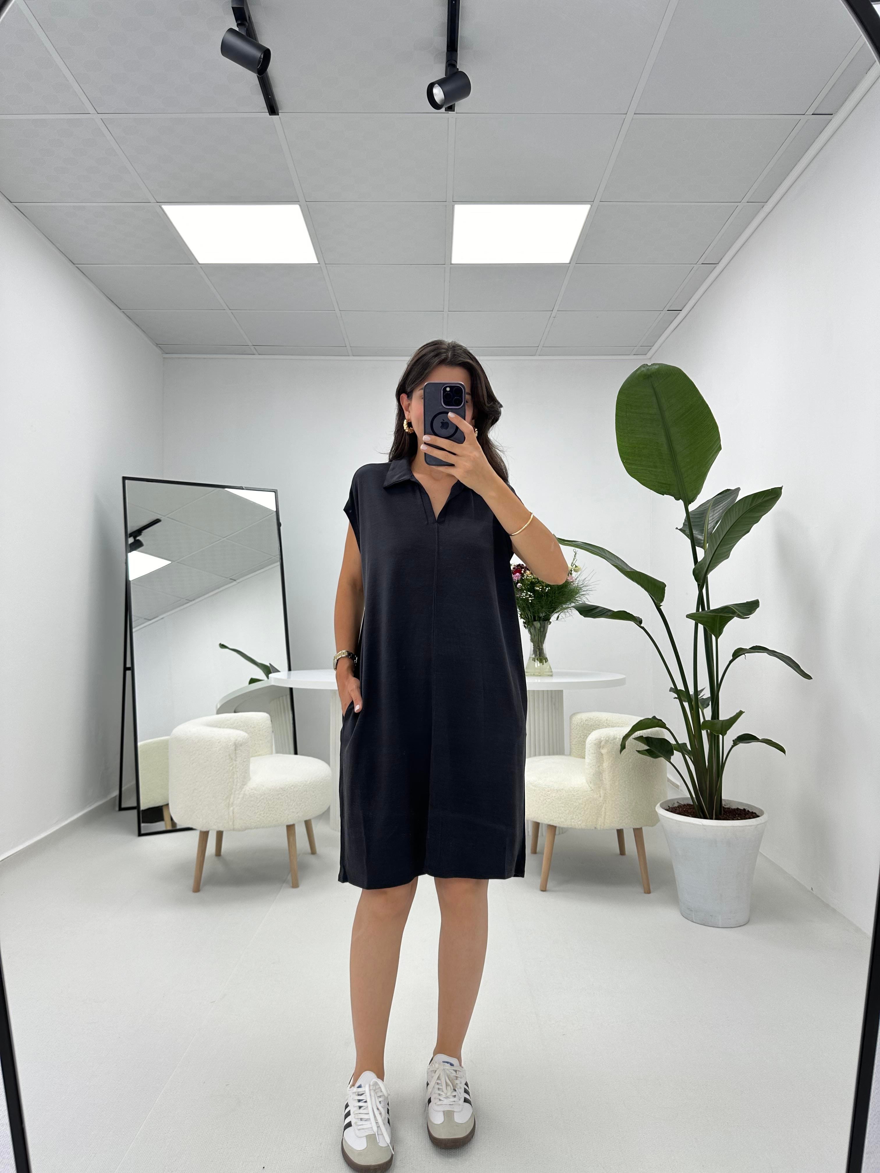 Polo Yaka Oversize Füme Elbise 