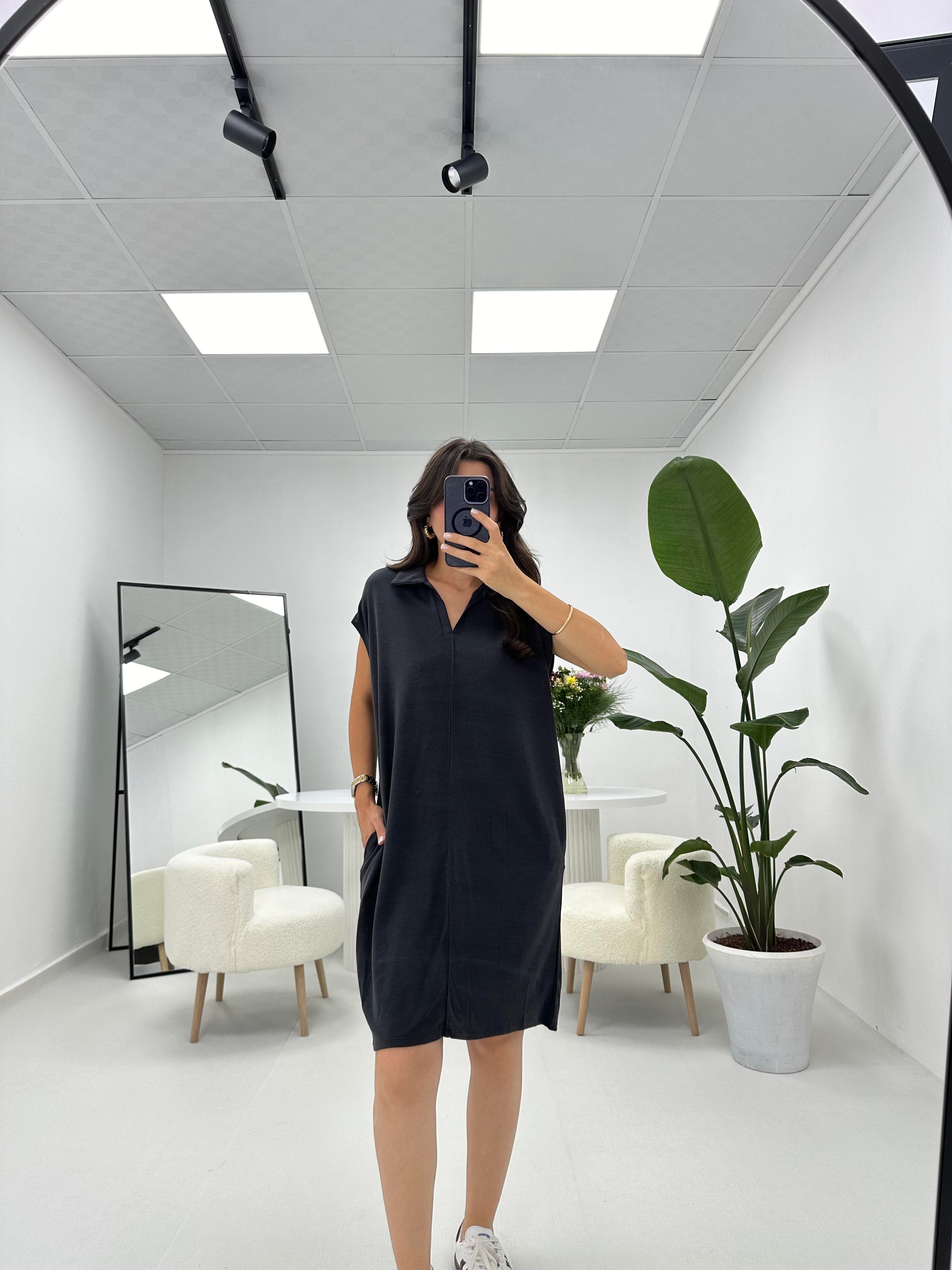 Polo Yaka Oversize Füme Elbise 