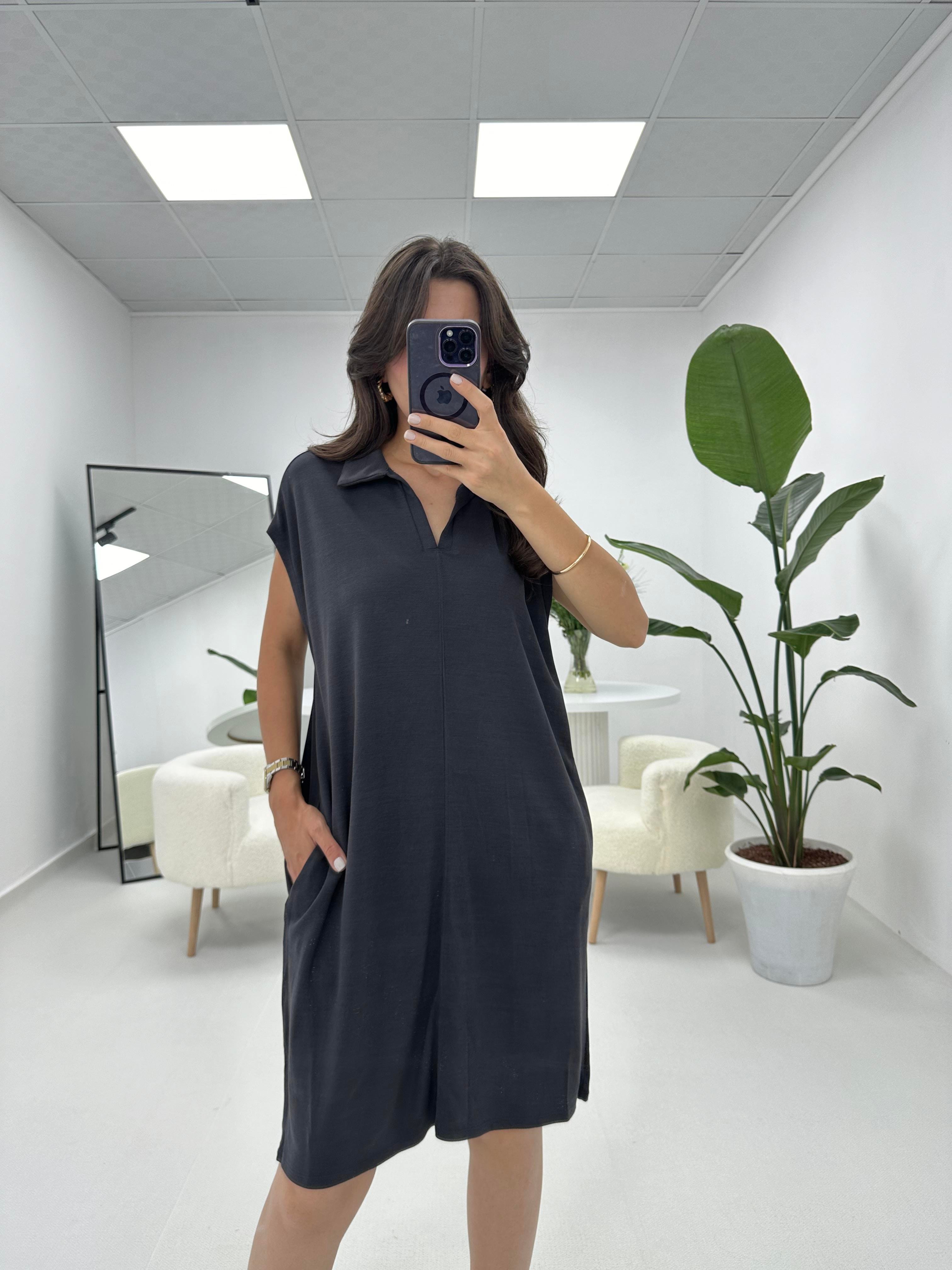 Polo Yaka Oversize Füme Elbise 