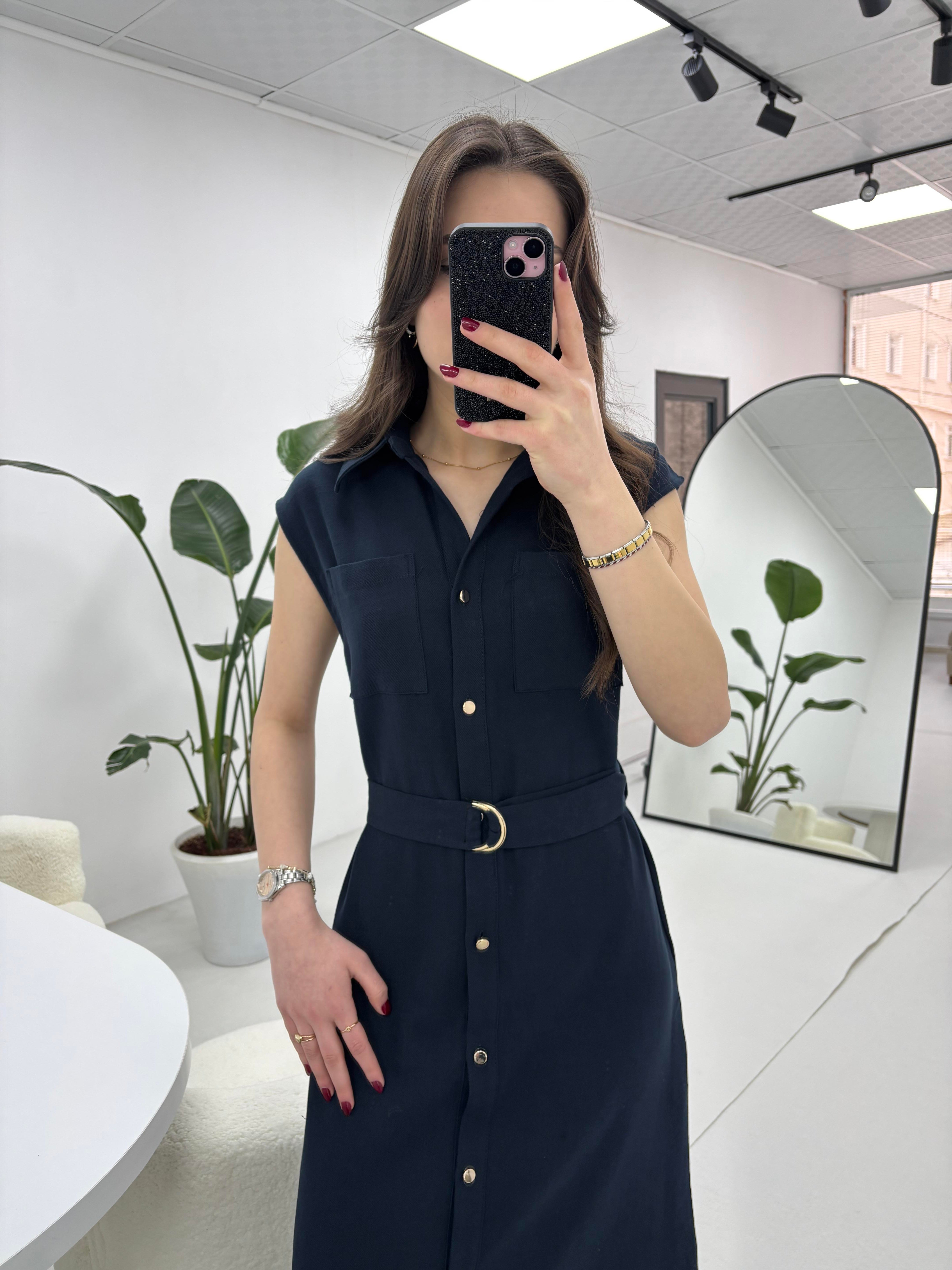 Premium Kalite Kemerli Lacivert Elbise 
