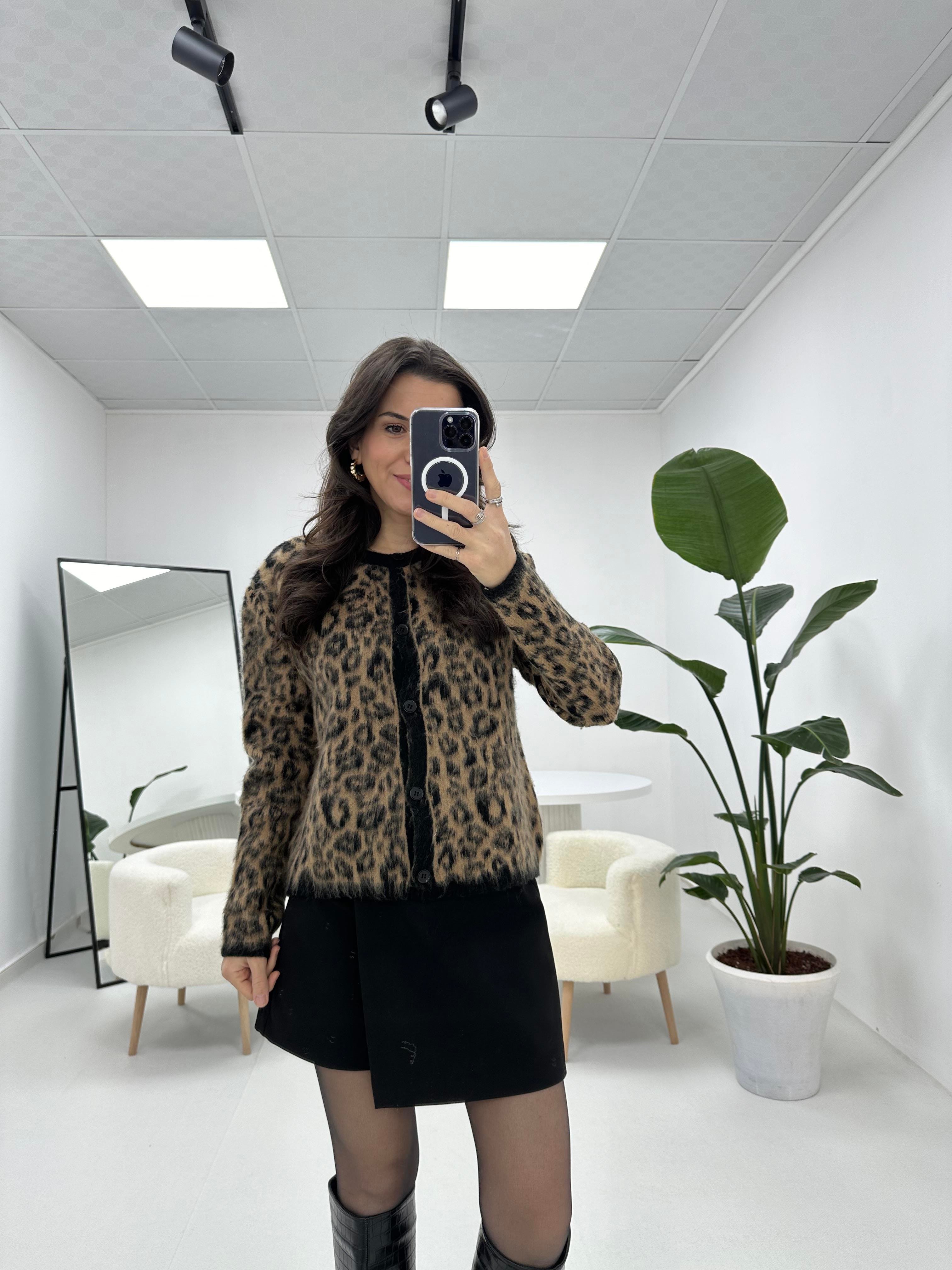 Premium Kalite Leopar Desenli Siyah Kahve Hırka 