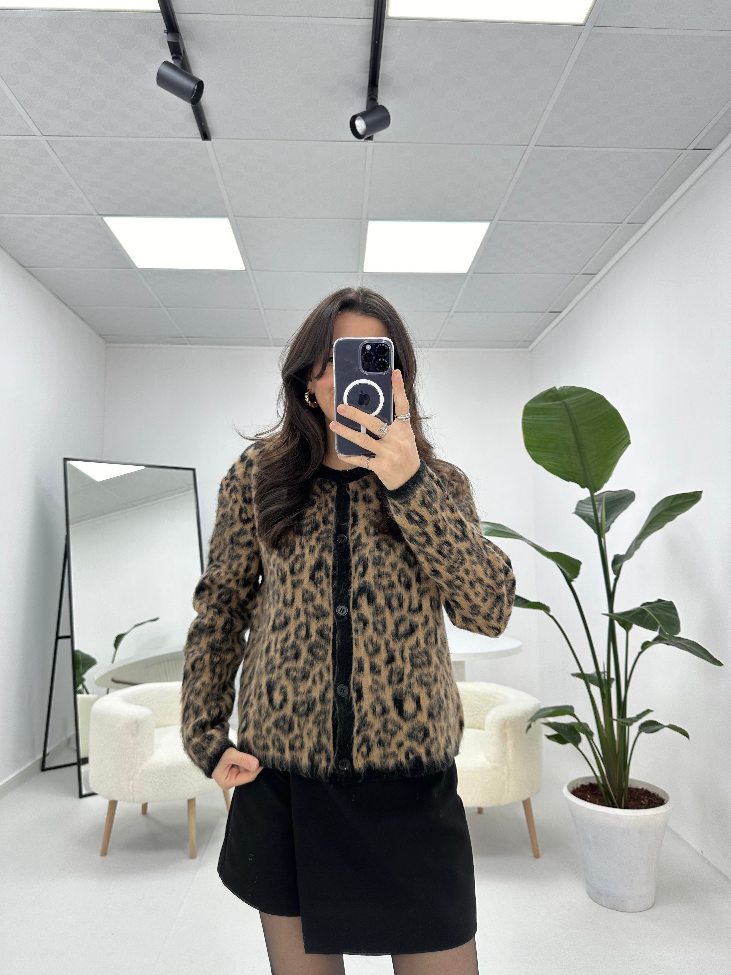 Premium Kalite Leopar Desenli Siyah Kahve Hırka 
