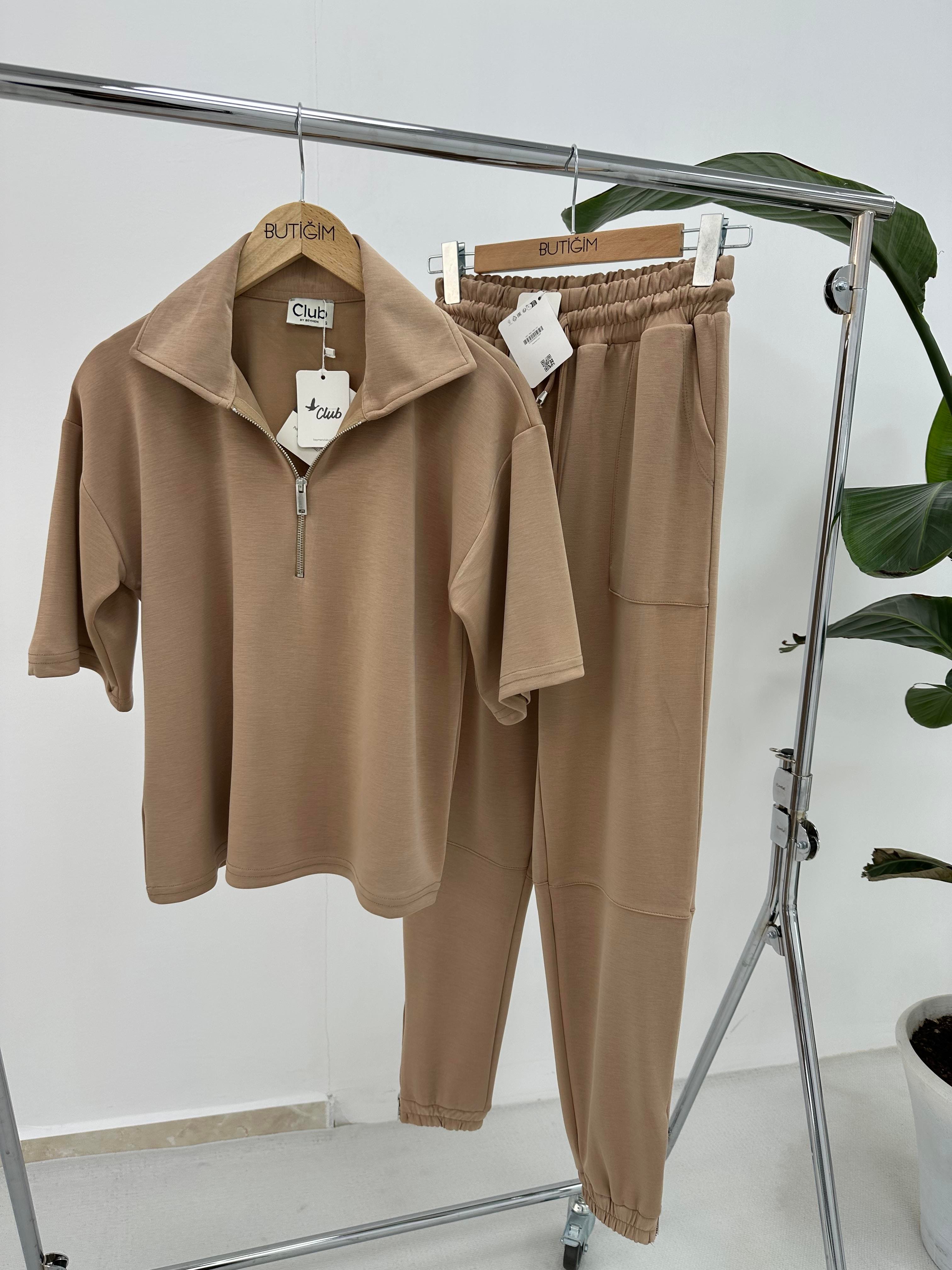 Premium Modal Kumaş Yarım Fermuarlı Camel Takım