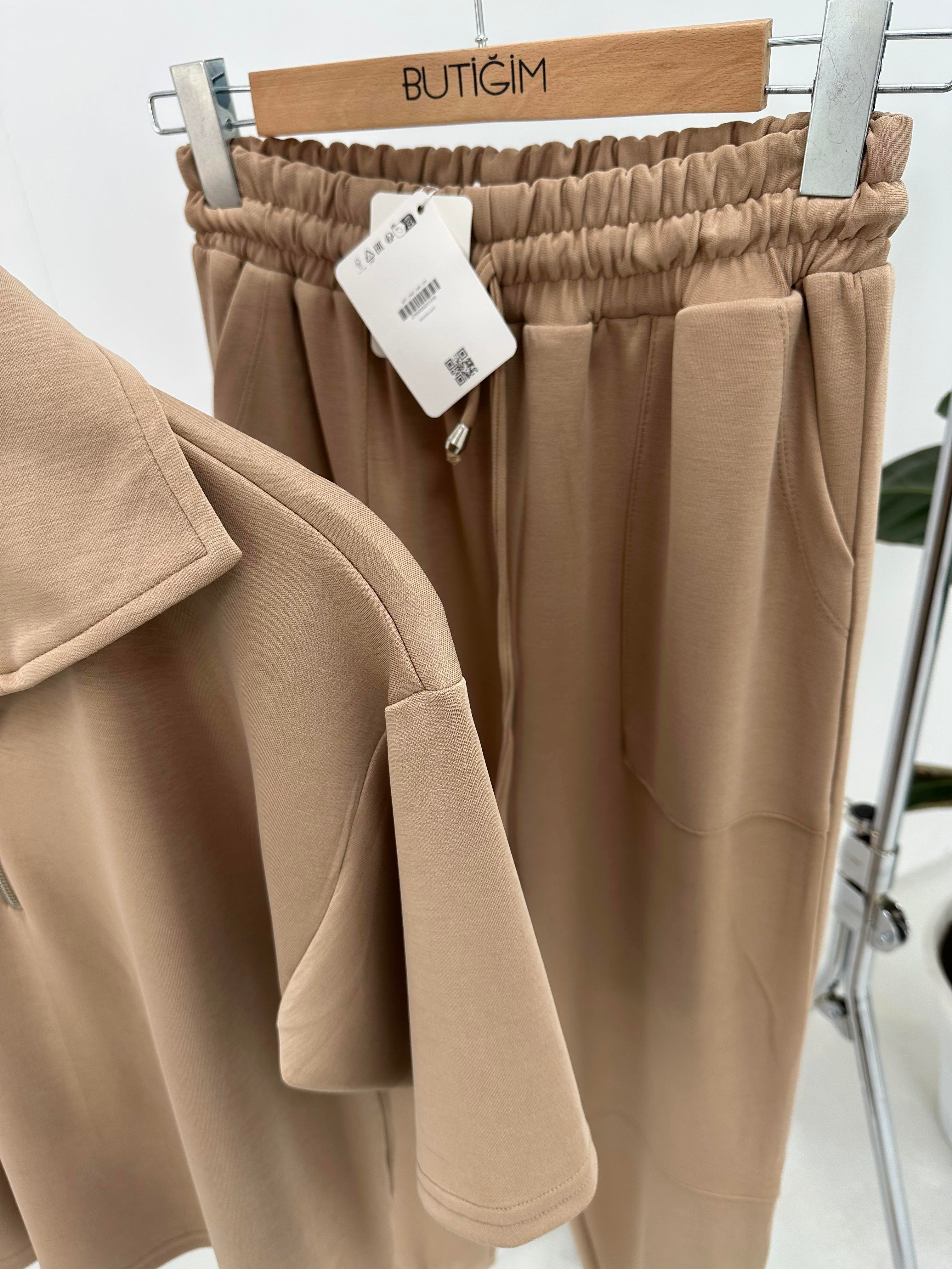 Premium Modal Kumaş Yarım Fermuarlı Camel Takım