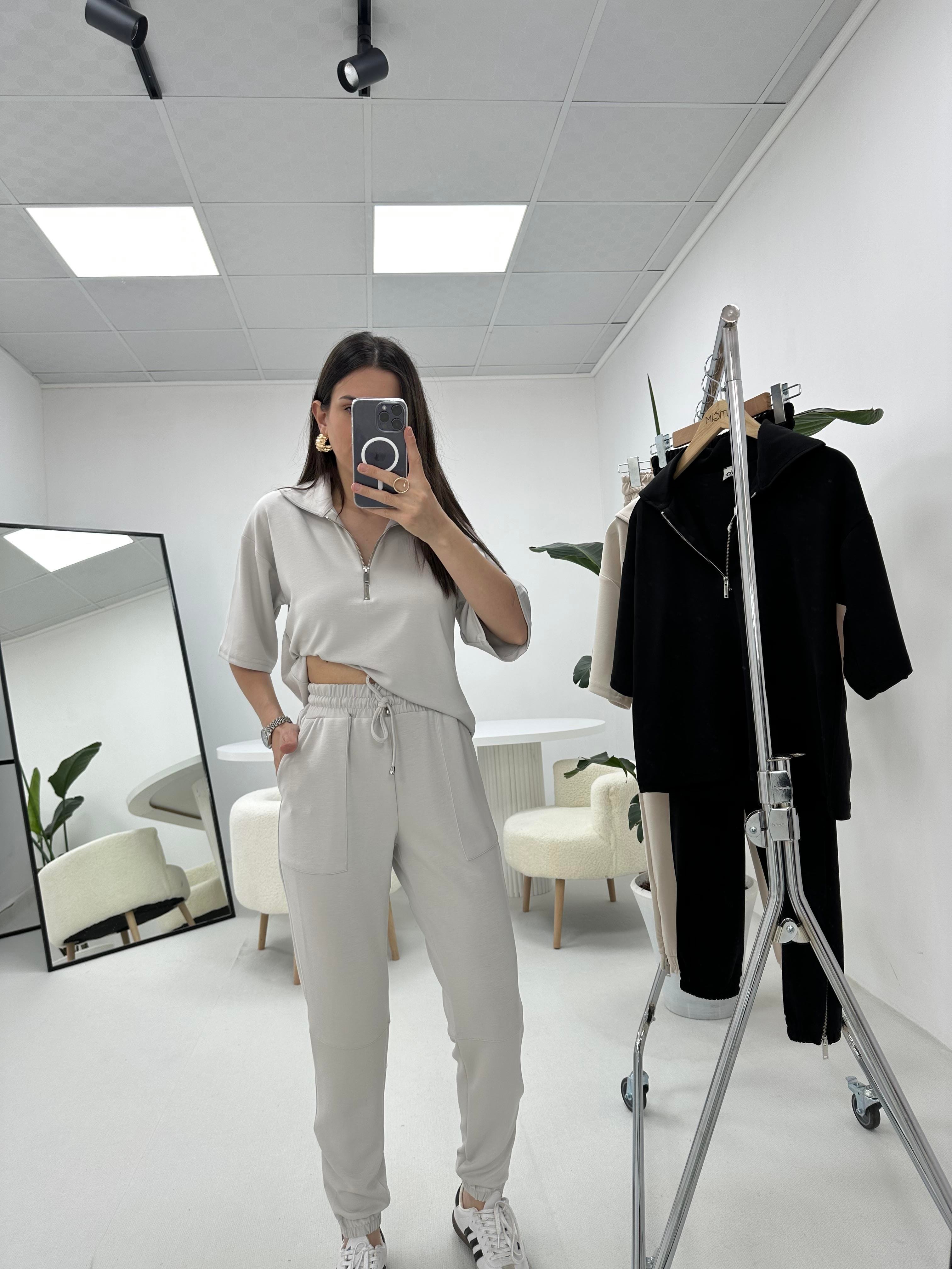 Premium Modal Kumaş Yarım Fermuarlı Gri Takım