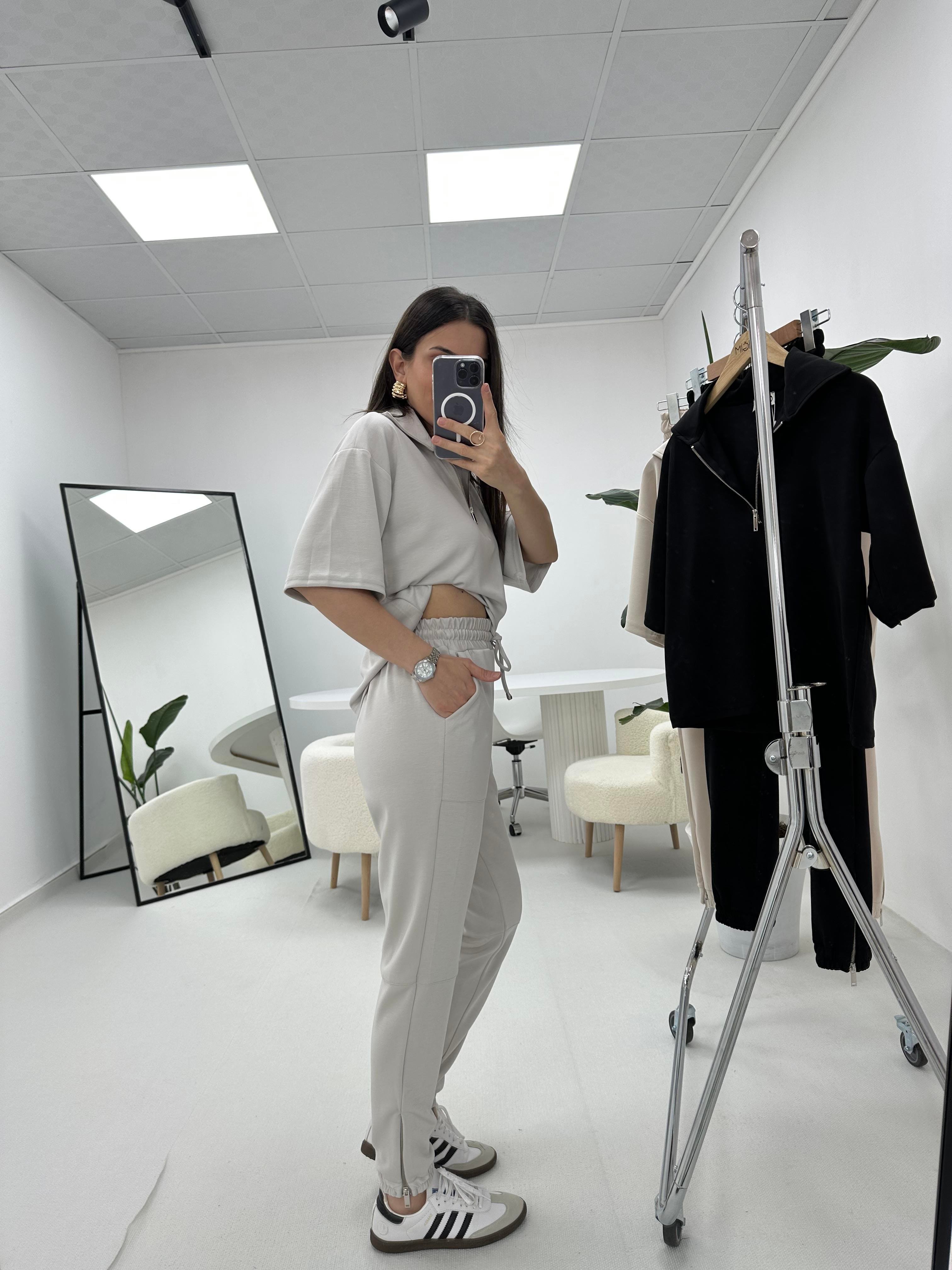 Premium Modal Kumaş Yarım Fermuarlı Gri Takım