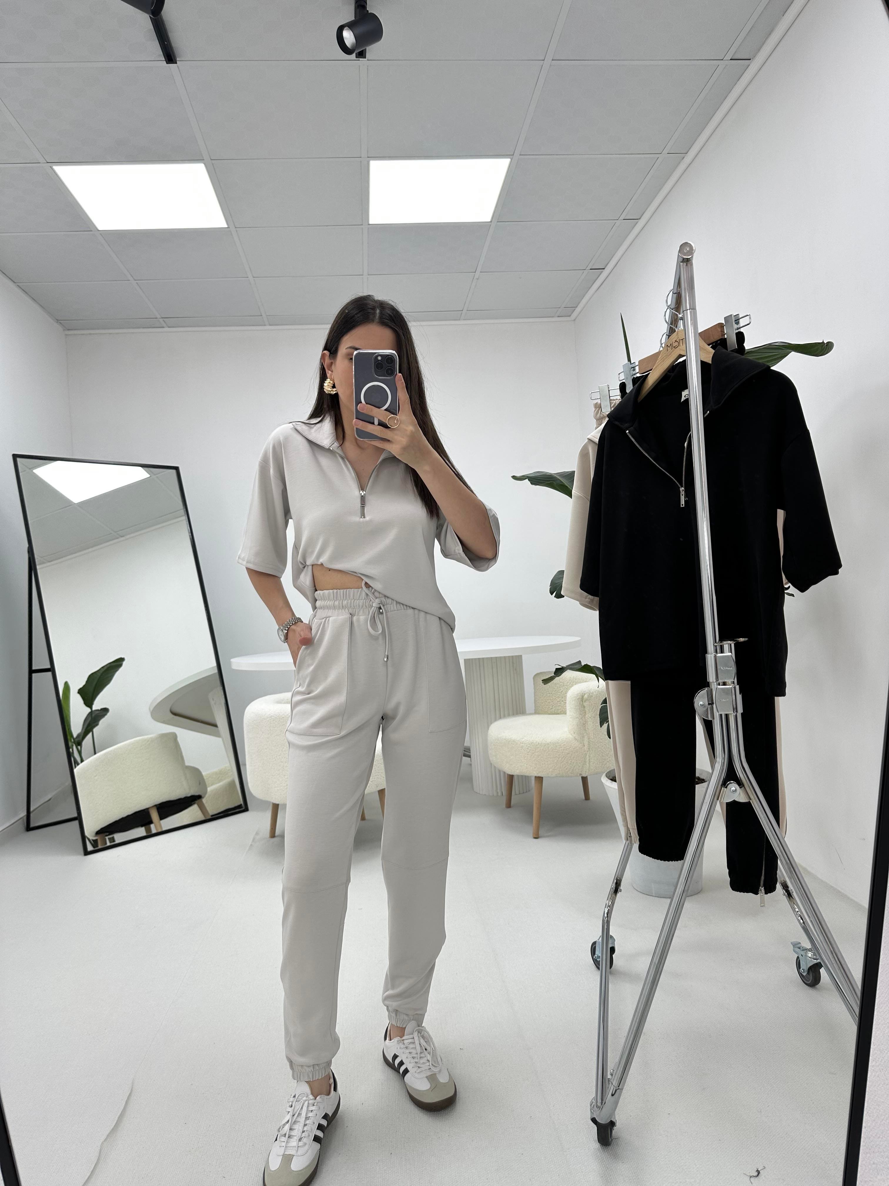 Premium Modal Kumaş Yarım Fermuarlı Gri Takım