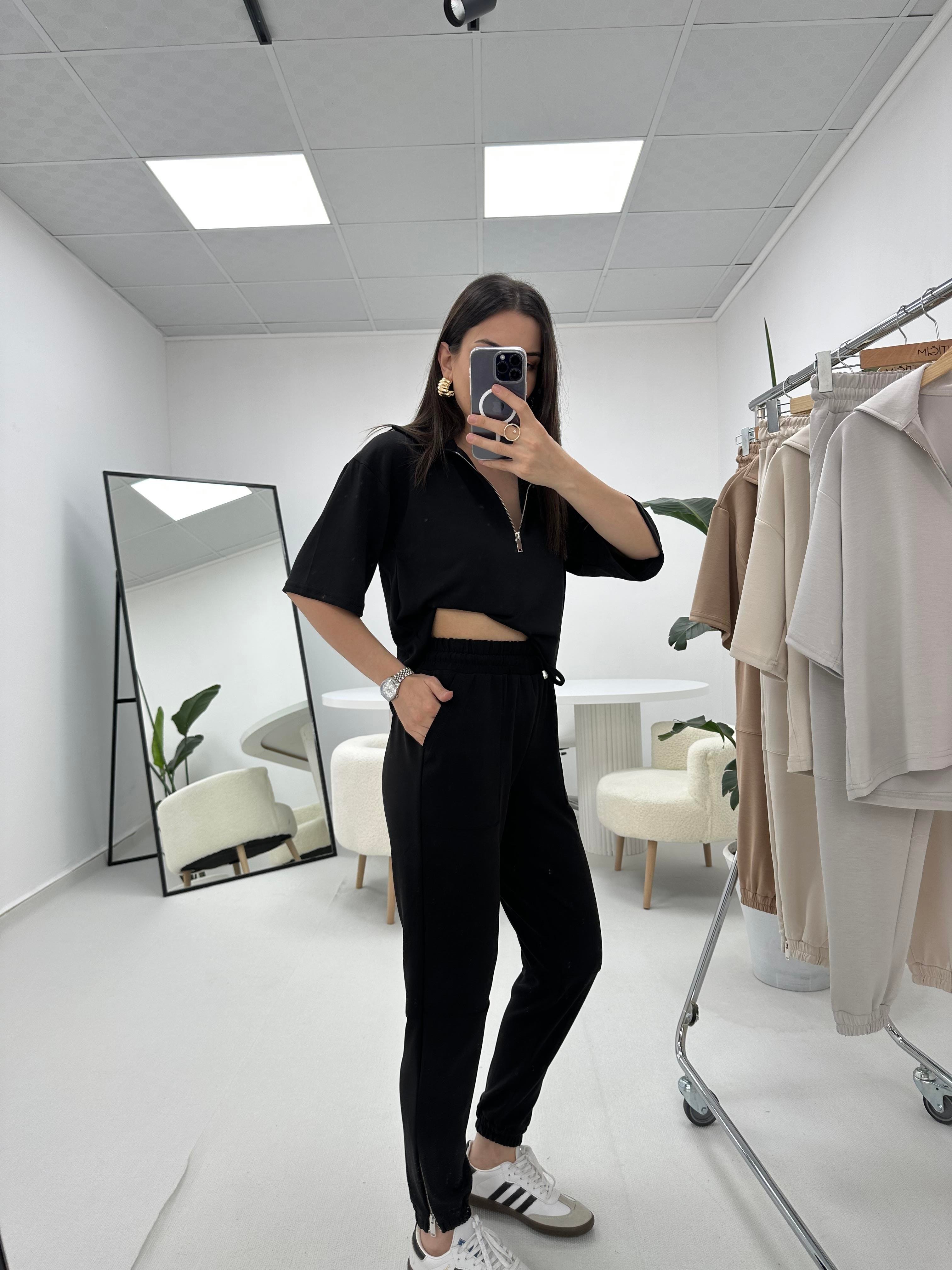 Premium Modal Kumaş Yarım Fermuarlı Siyah Takım