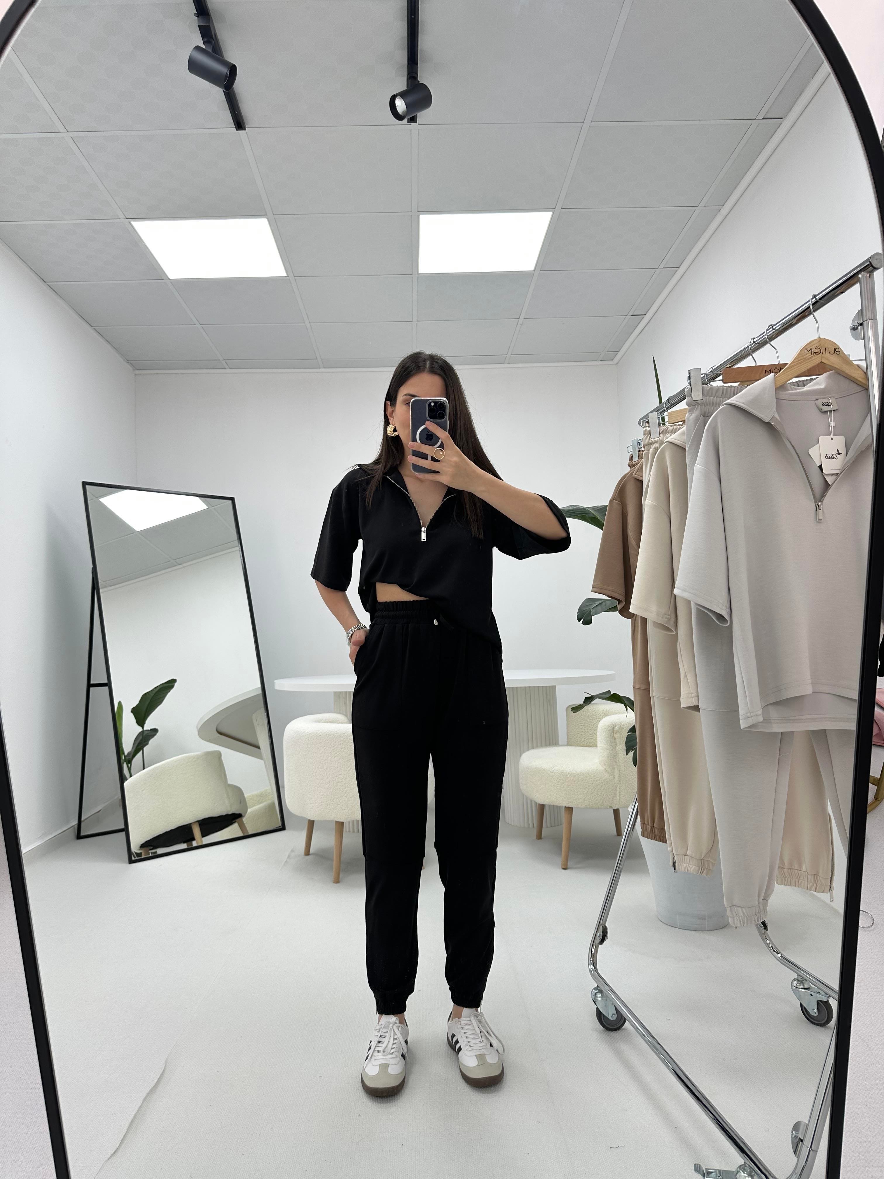Premium Modal Kumaş Yarım Fermuarlı Siyah Takım