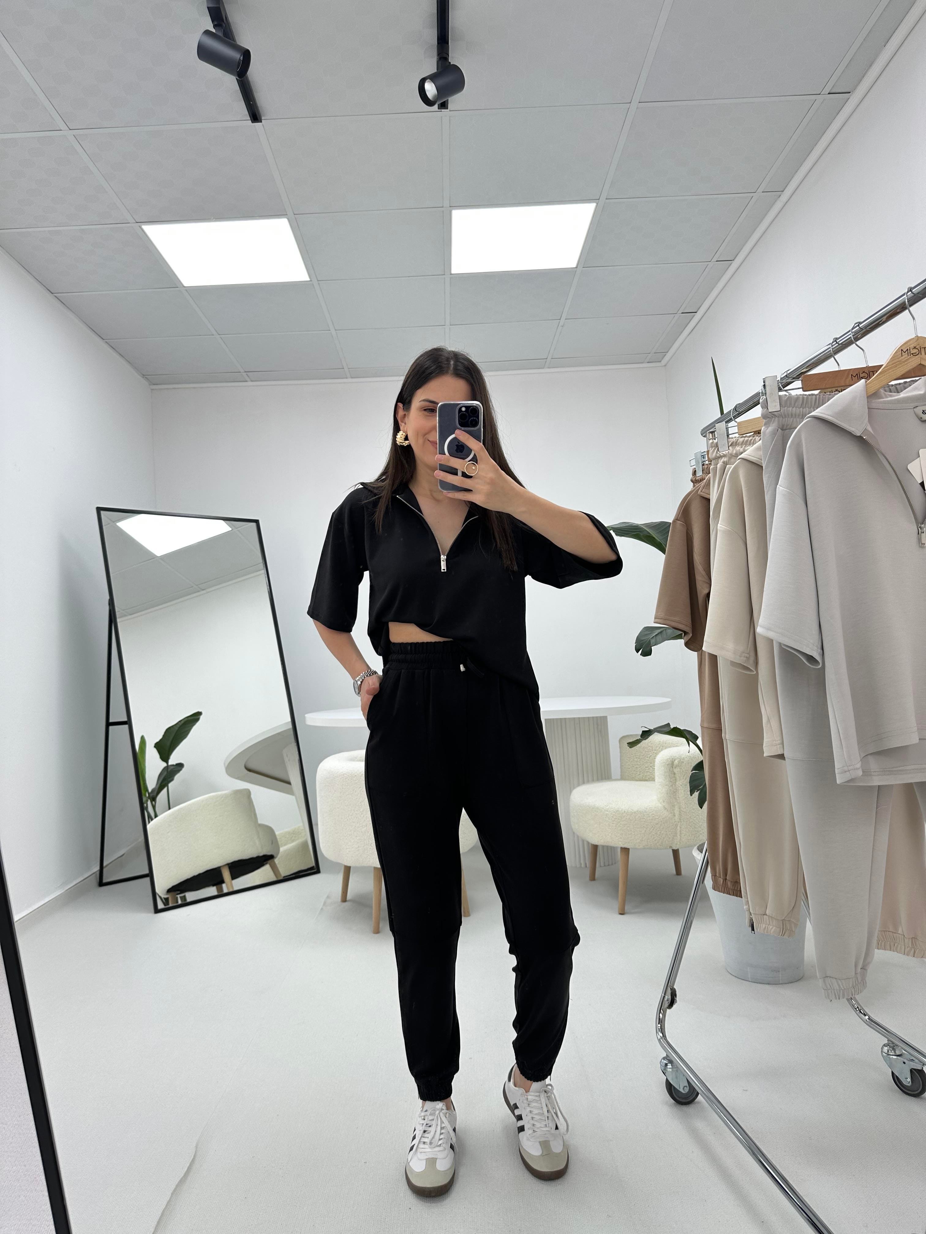 Premium Modal Kumaş Yarım Fermuarlı Siyah Takım