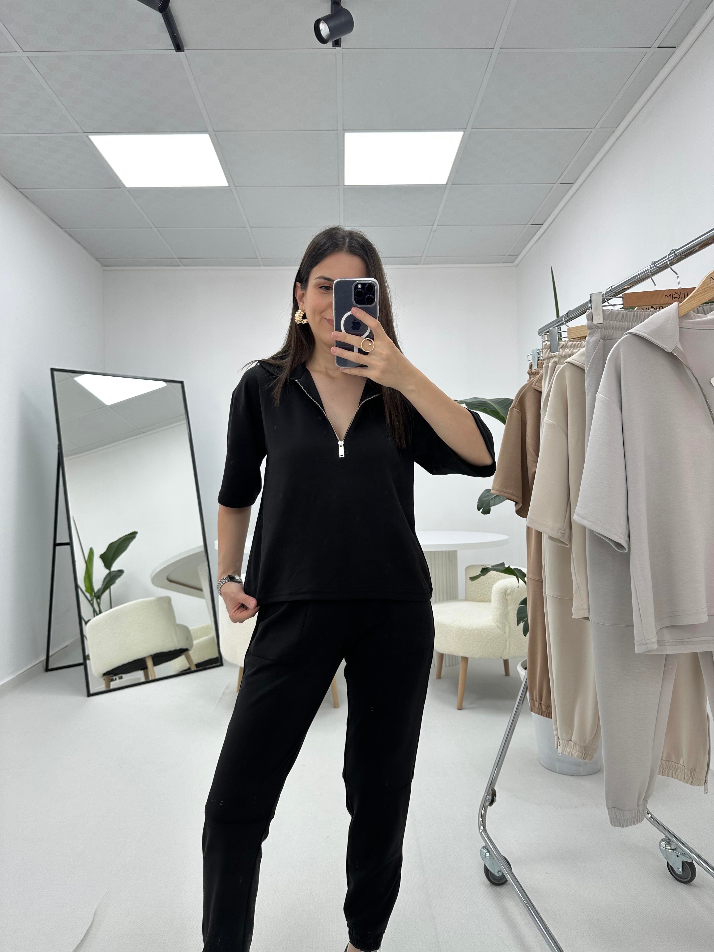 Premium Modal Kumaş Yarım Fermuarlı Siyah Takım