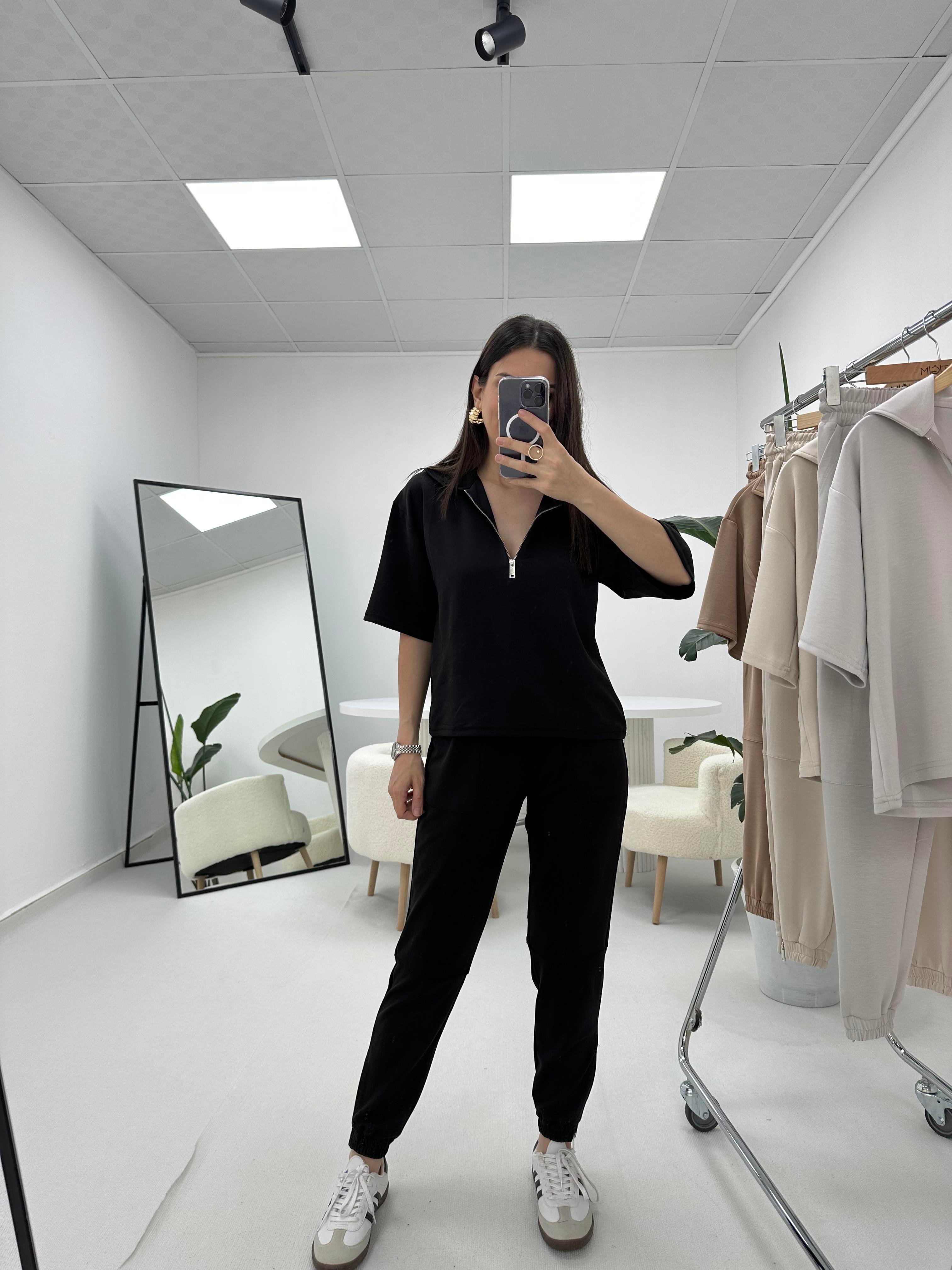 Premium Modal Kumaş Yarım Fermuarlı Siyah Takım