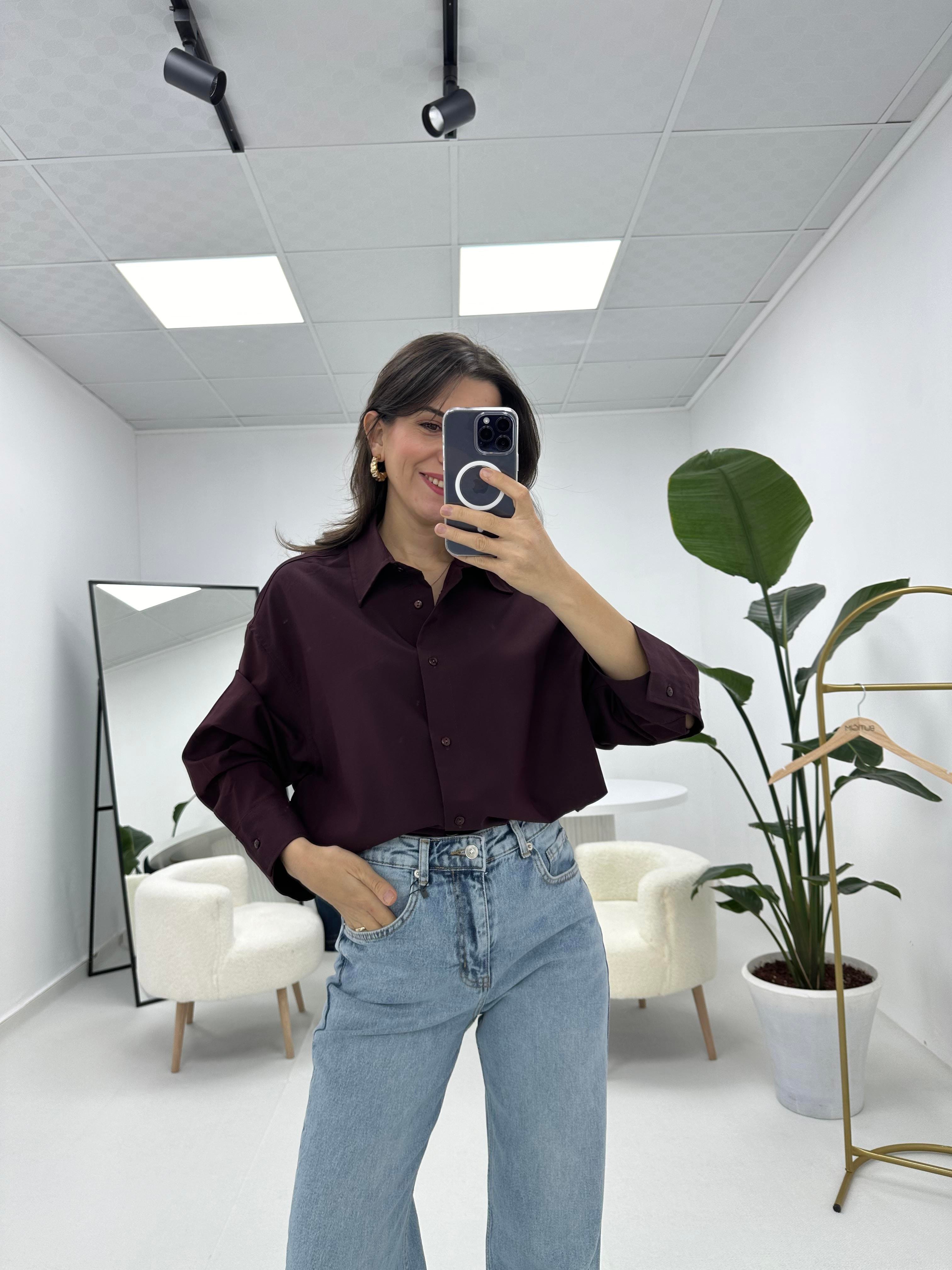 Premium Oversize Kalıp Tok Tensel Kumaş Bordo Gömlek 