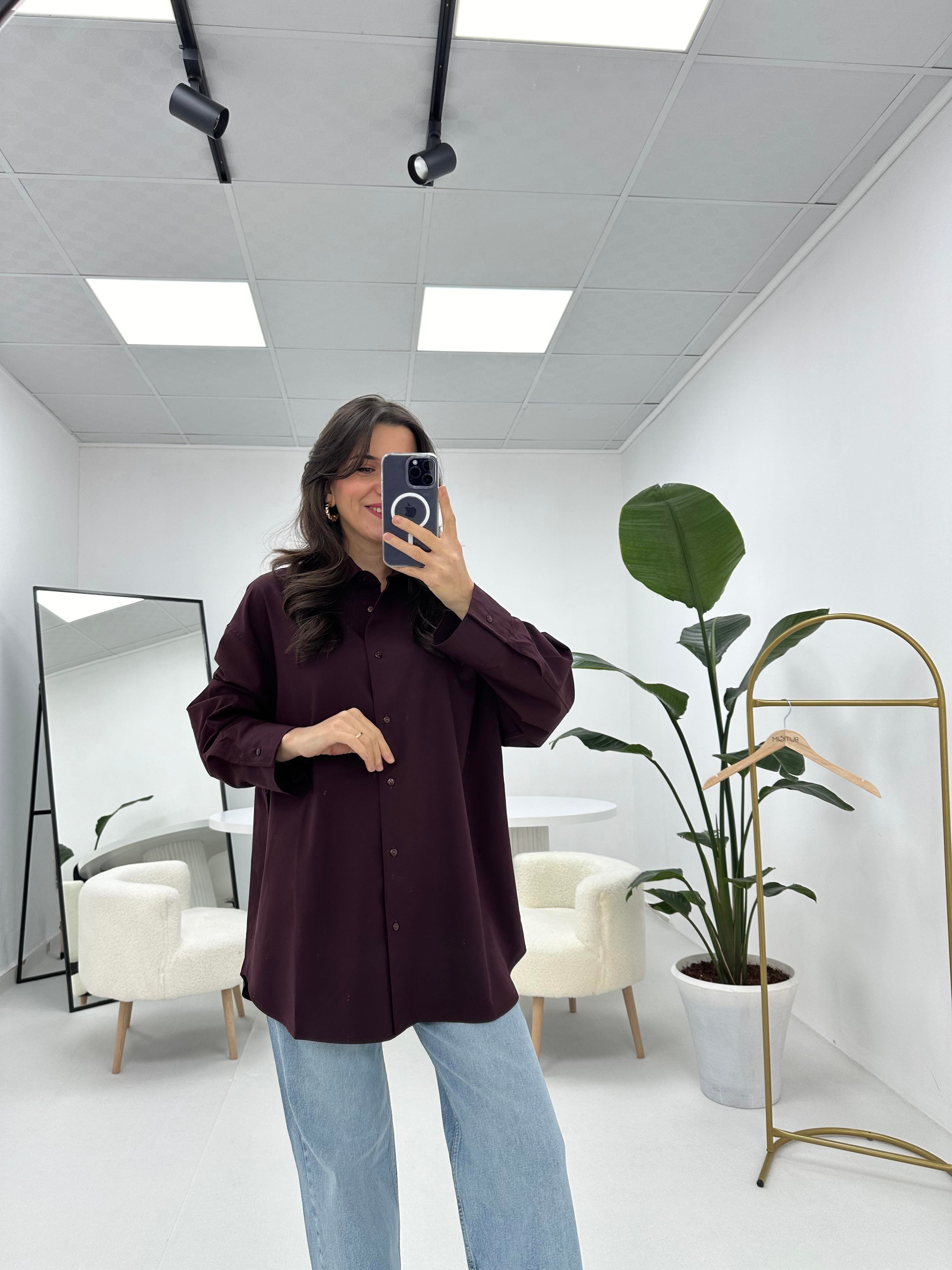 Premium Oversize Kalıp Tok Tensel Kumaş Bordo Gömlek 
