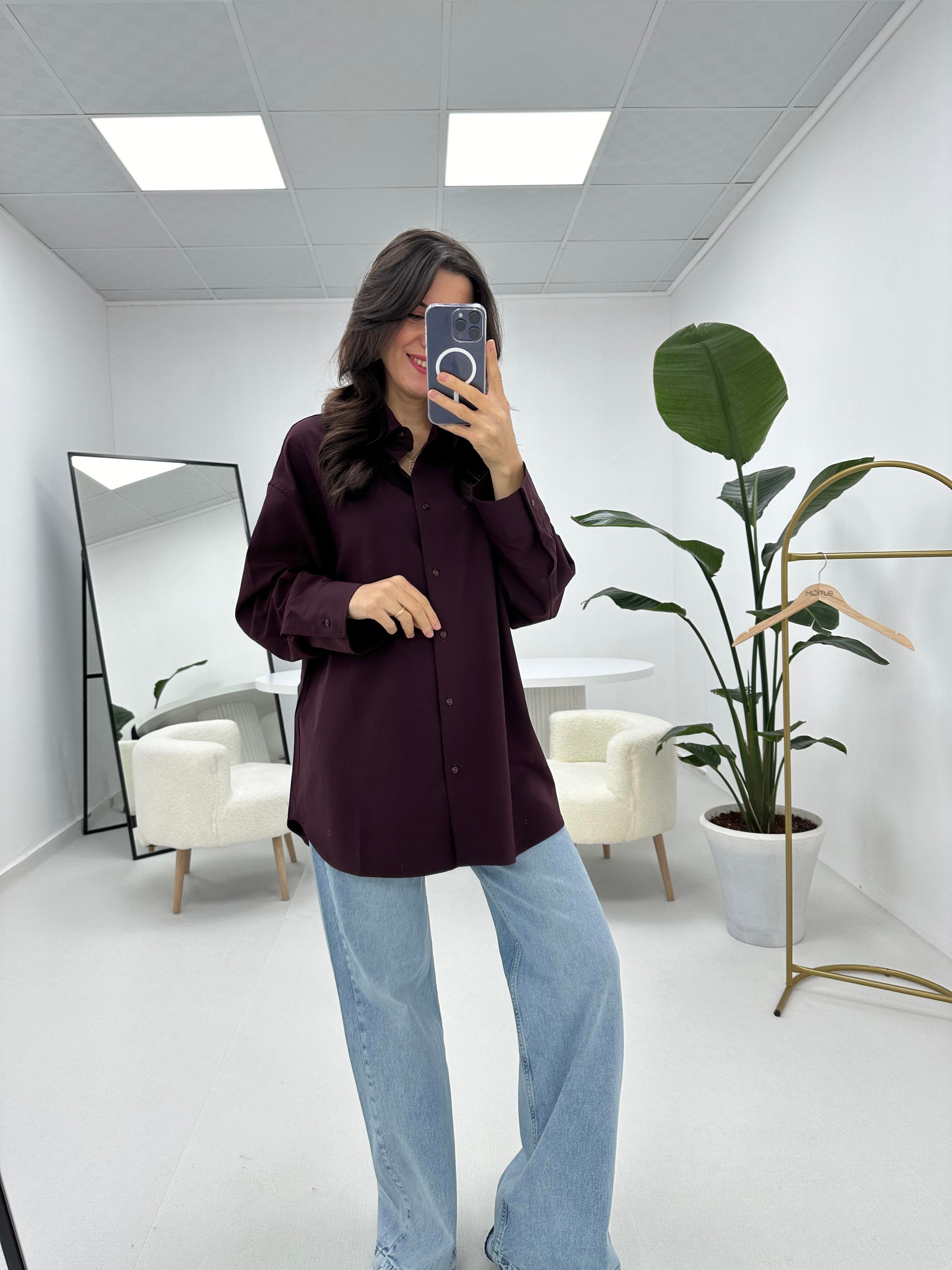 Premium Oversize Kalıp Tok Tensel Kumaş Bordo Gömlek 