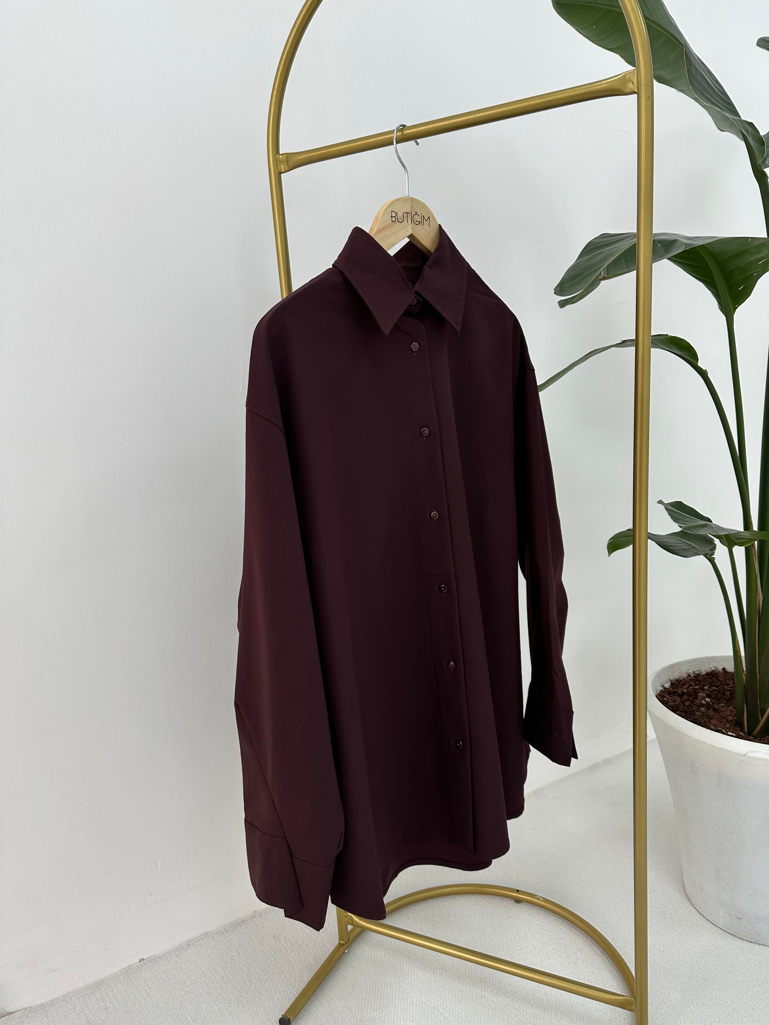Premium Oversize Kalıp Tok Tensel Kumaş Bordo Gömlek 