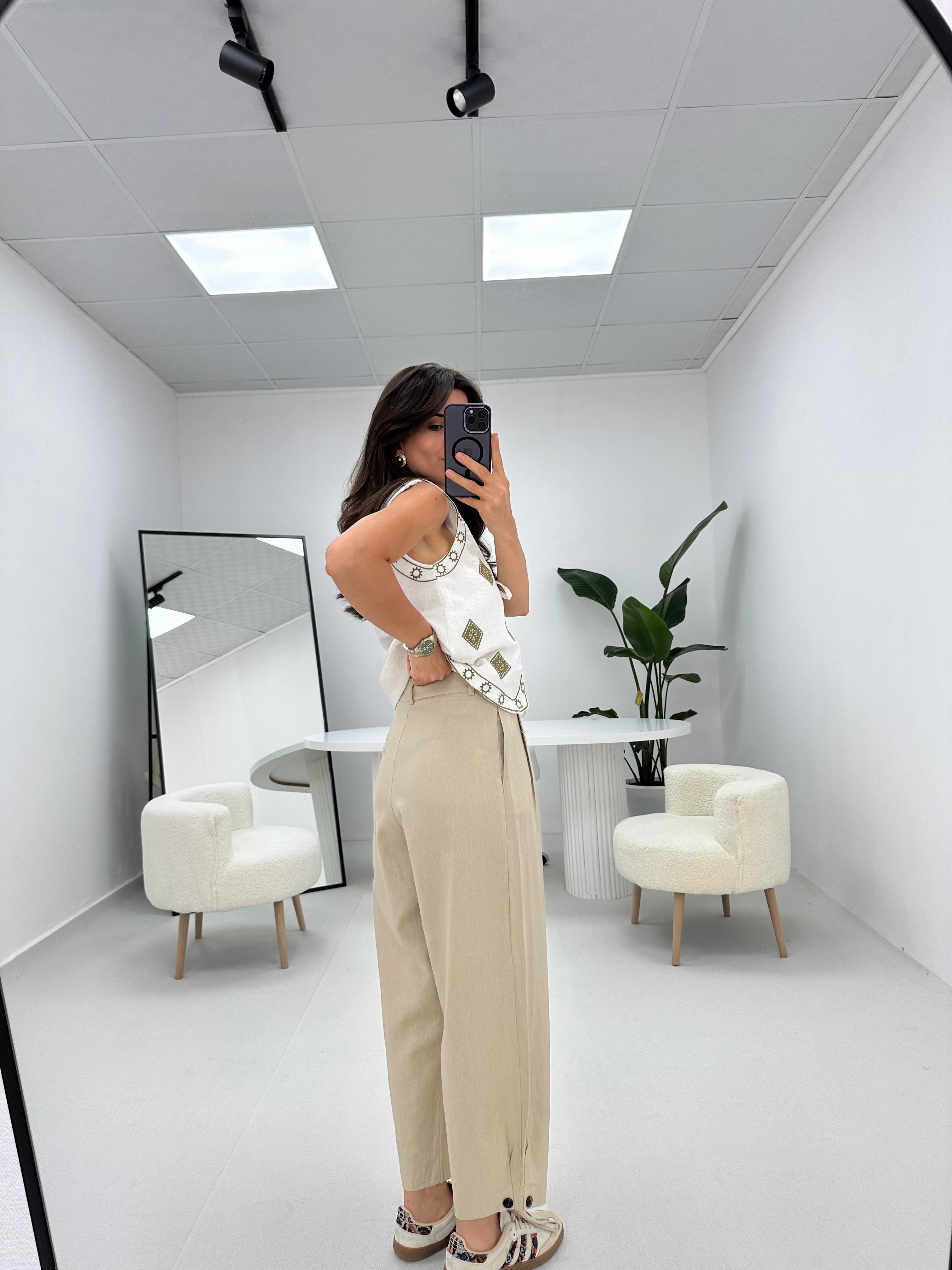 Şalvar Model Düğme Detaylı Keten Pantolon Taş  