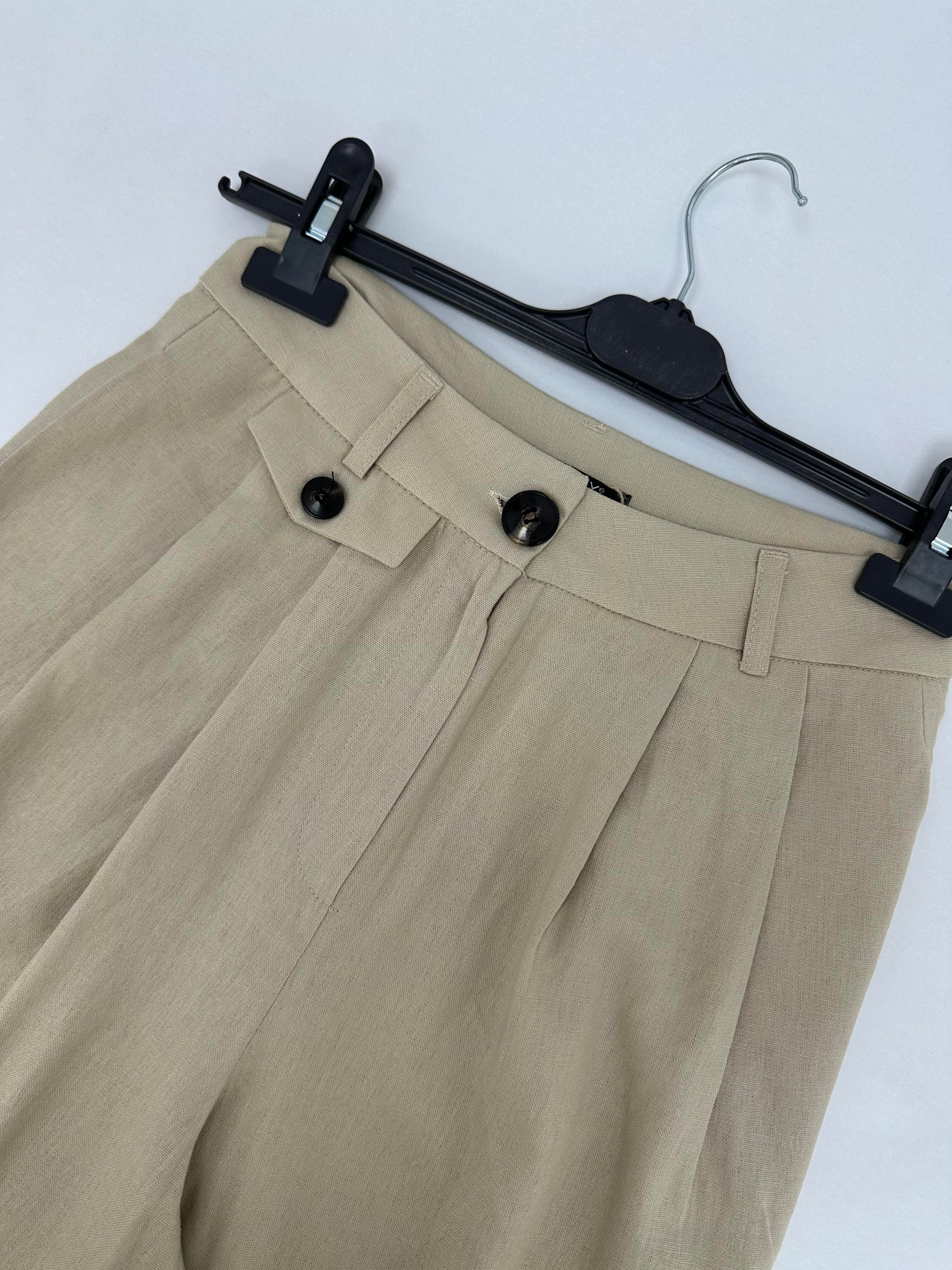 Şalvar Model Düğme Detaylı Keten Pantolon Taş  