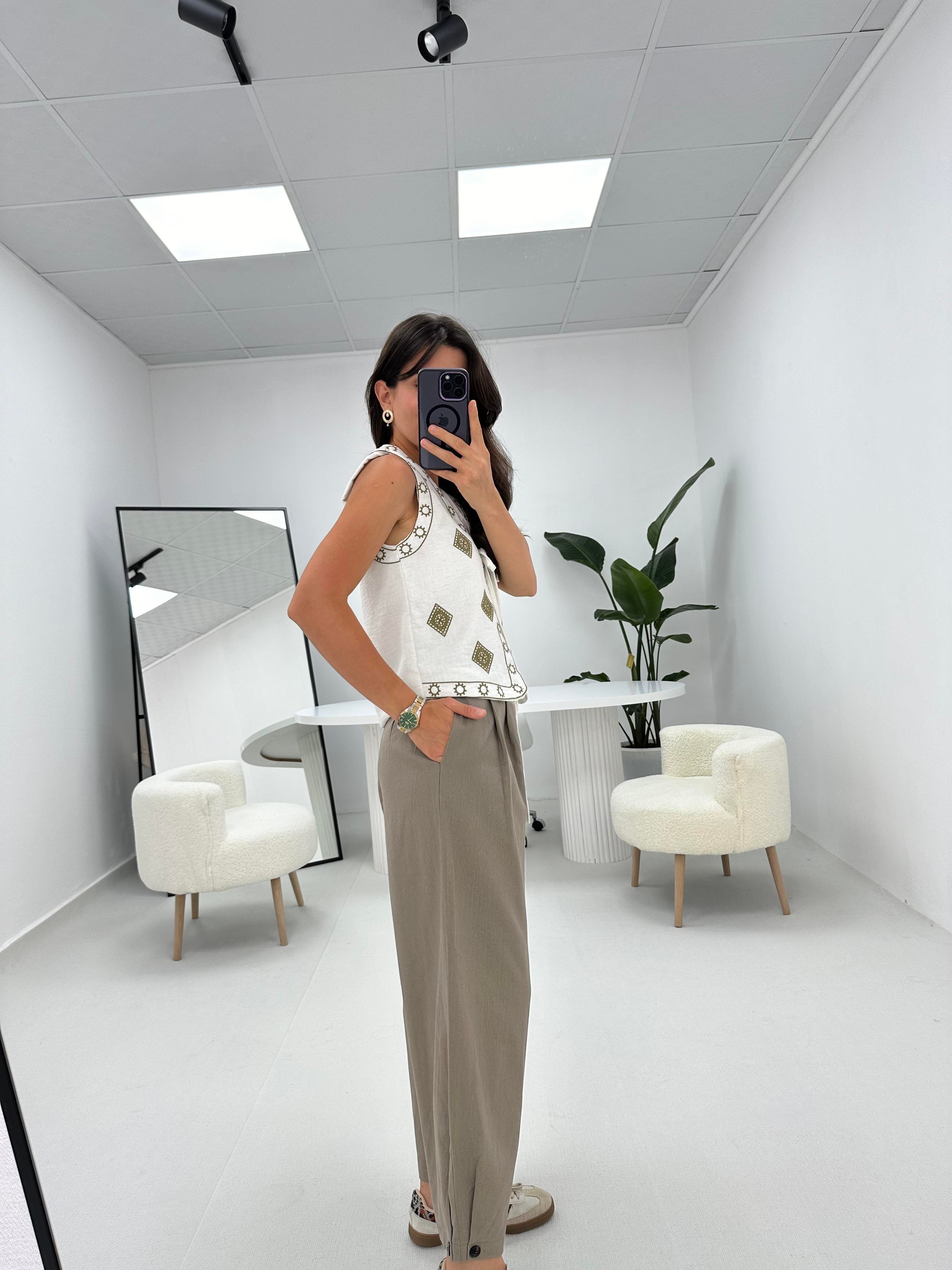 Şalvar Model Düğme Detaylı Keten Pantolon Vizon   