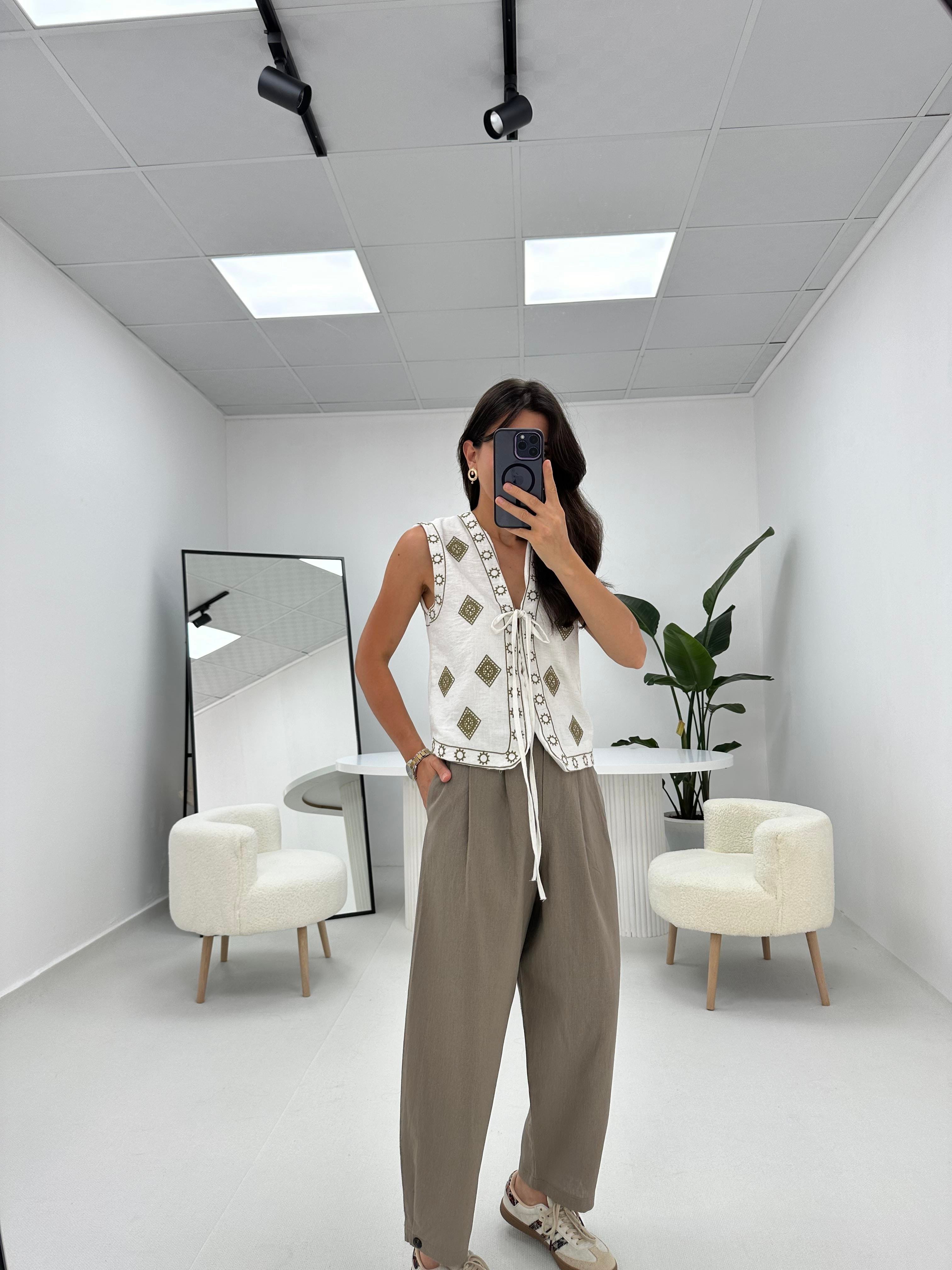 Şalvar Model Düğme Detaylı Keten Pantolon Vizon   