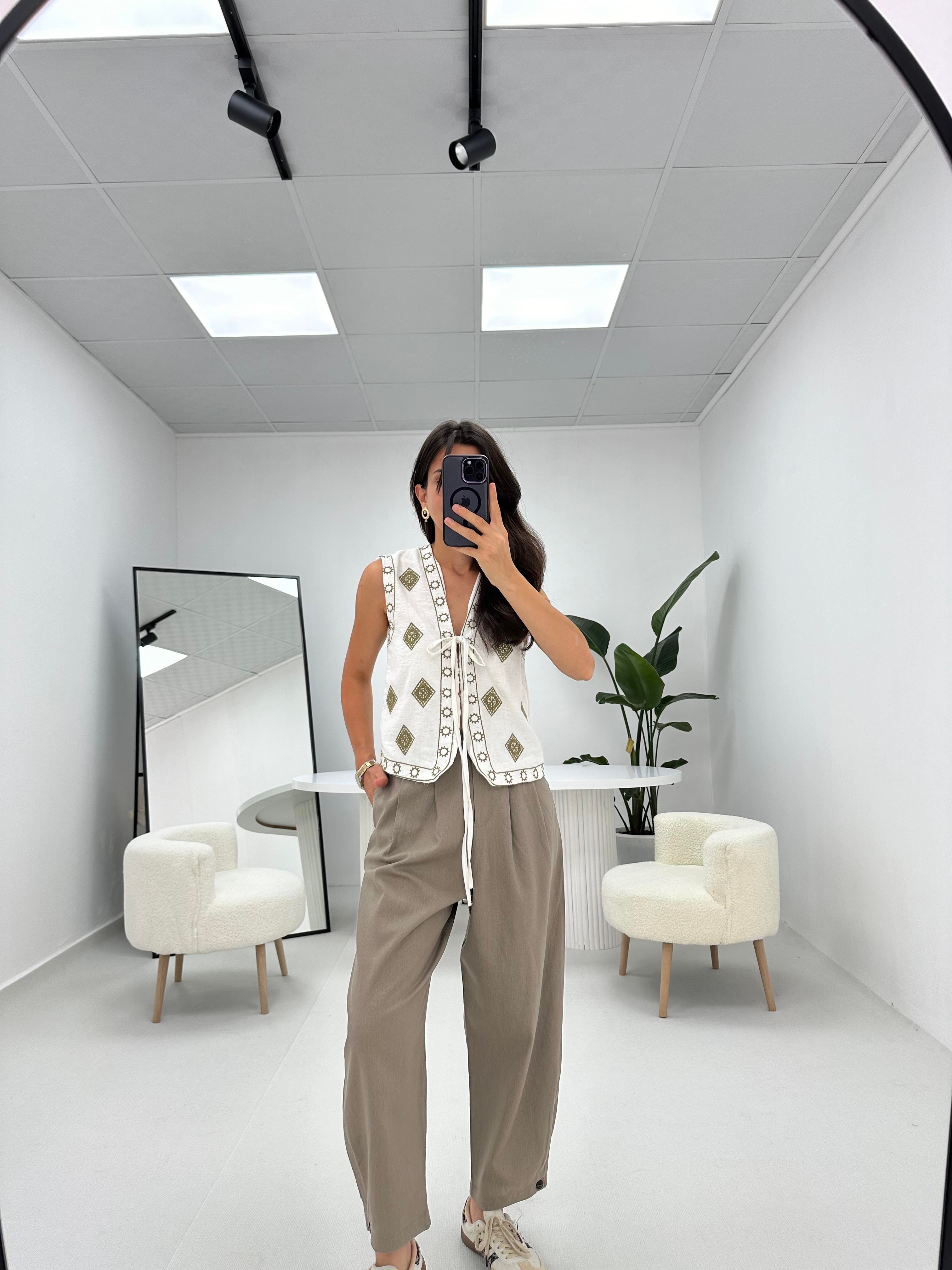 Şalvar Model Düğme Detaylı Keten Pantolon Vizon   