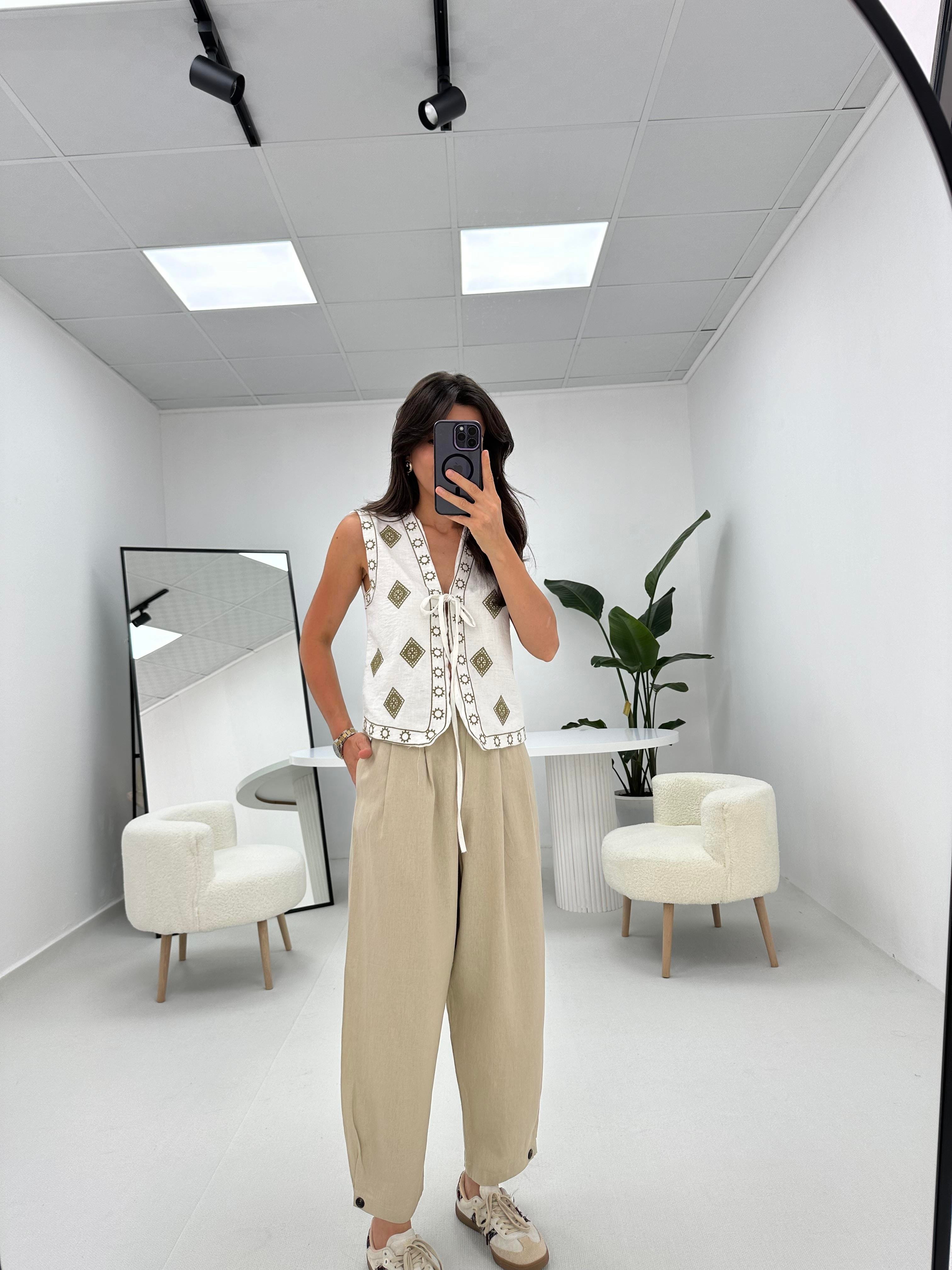 Şalvar Model Düğme Detaylı Keten Pantolon Taş  