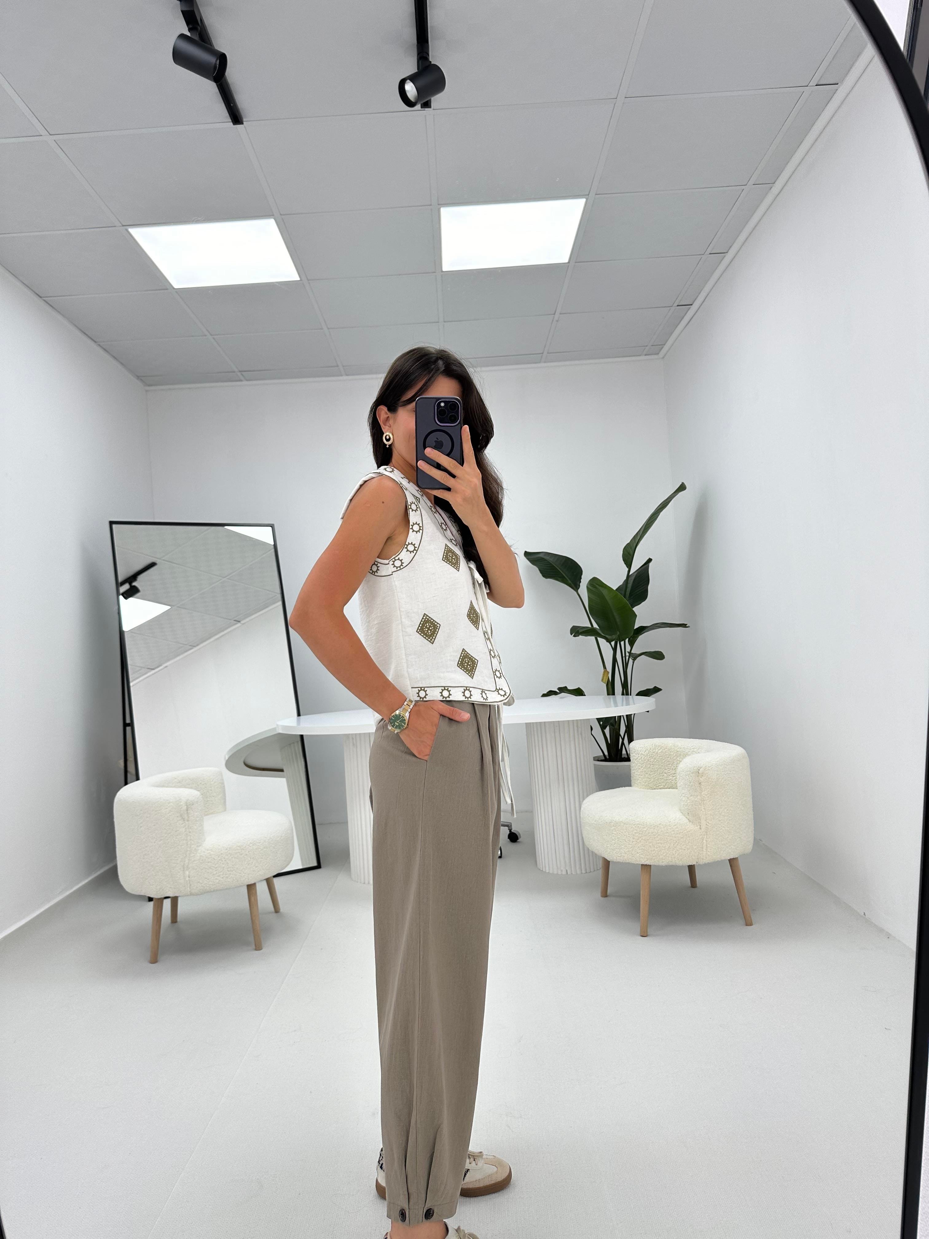 Şalvar Model Düğme Detaylı Keten Pantolon Vizon   