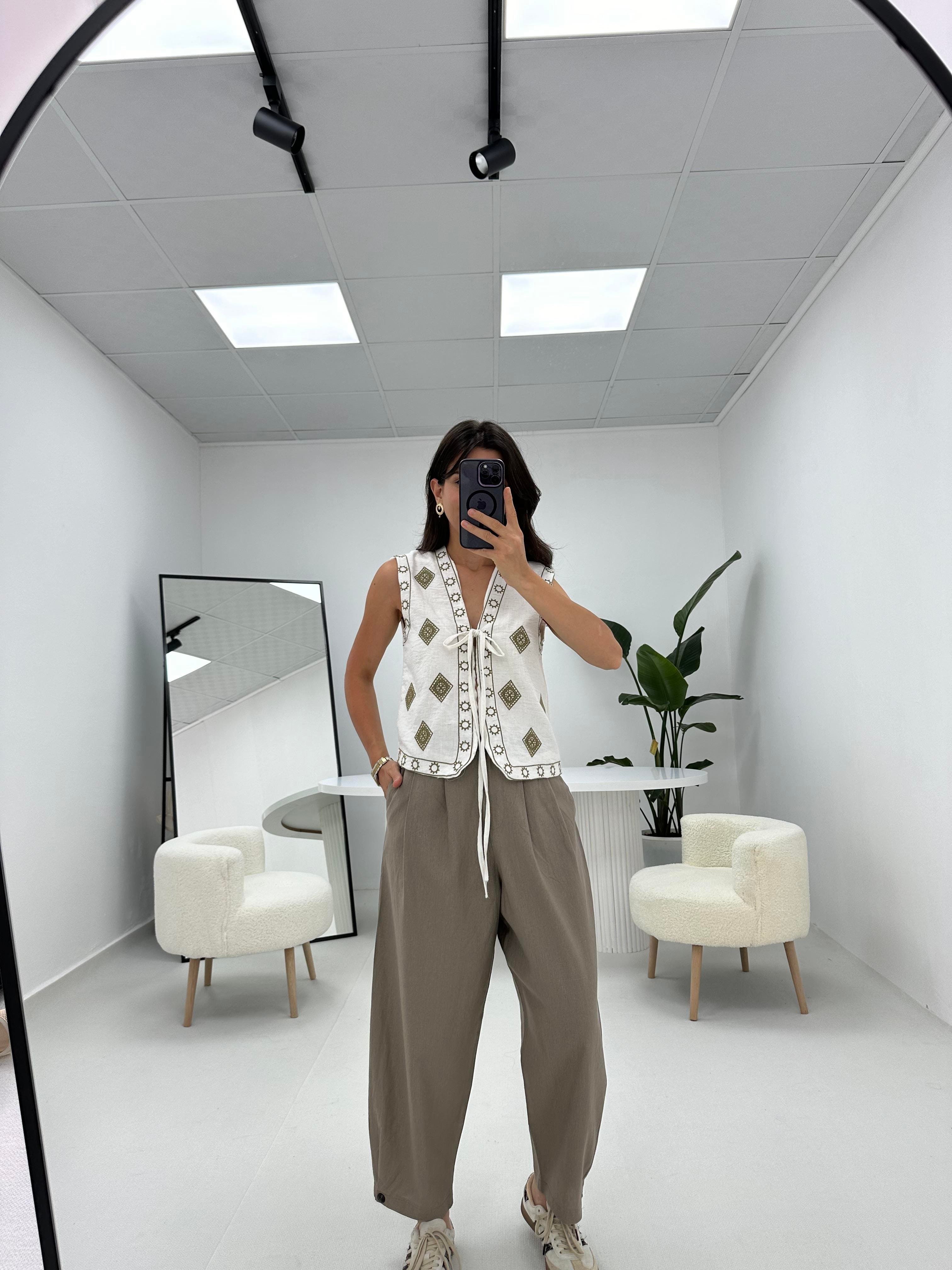 Şalvar Model Düğme Detaylı Keten Pantolon Vizon   