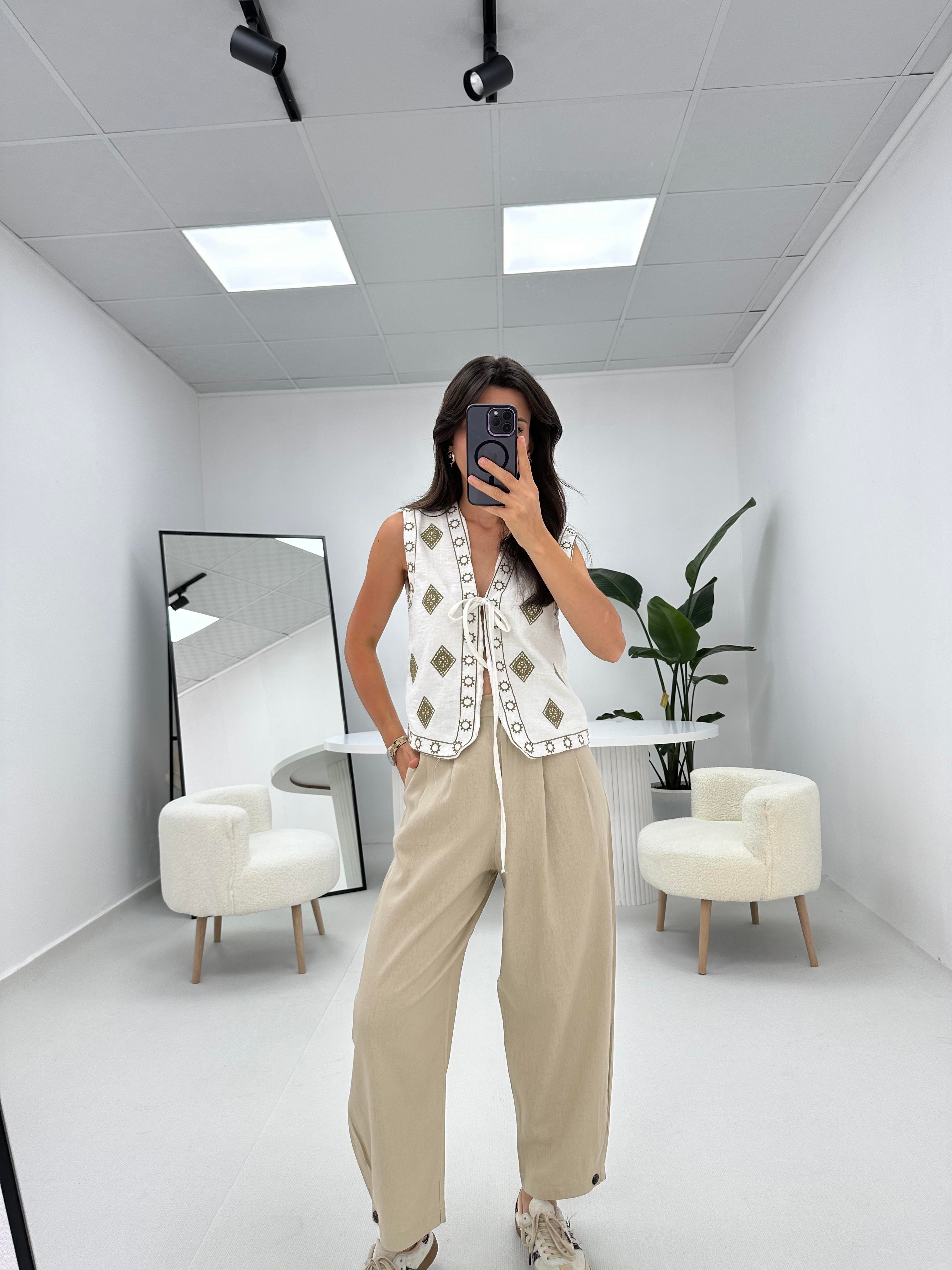 Şalvar Model Düğme Detaylı Keten Pantolon Taş  
