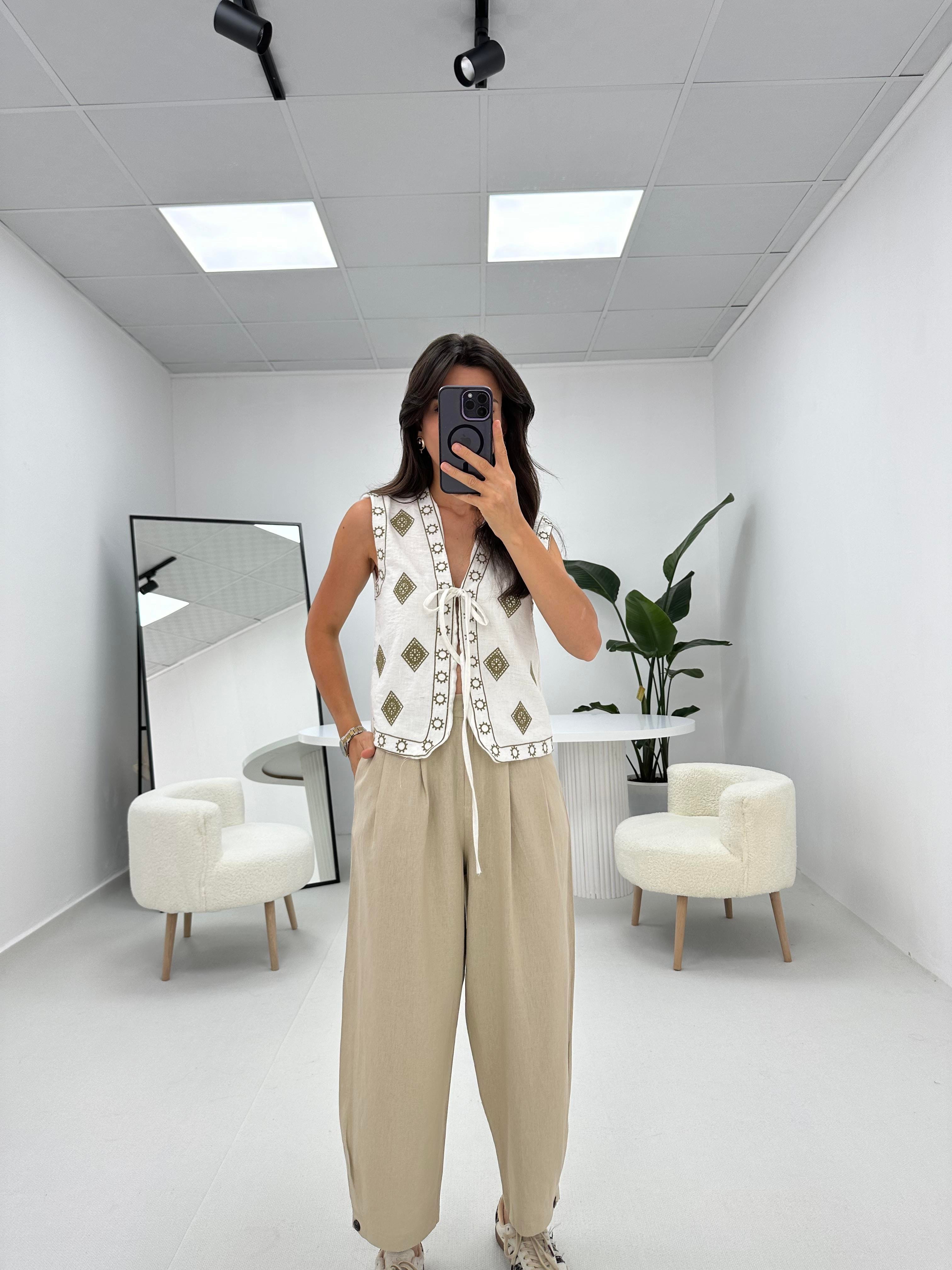 Şalvar Model Düğme Detaylı Keten Pantolon Taş  