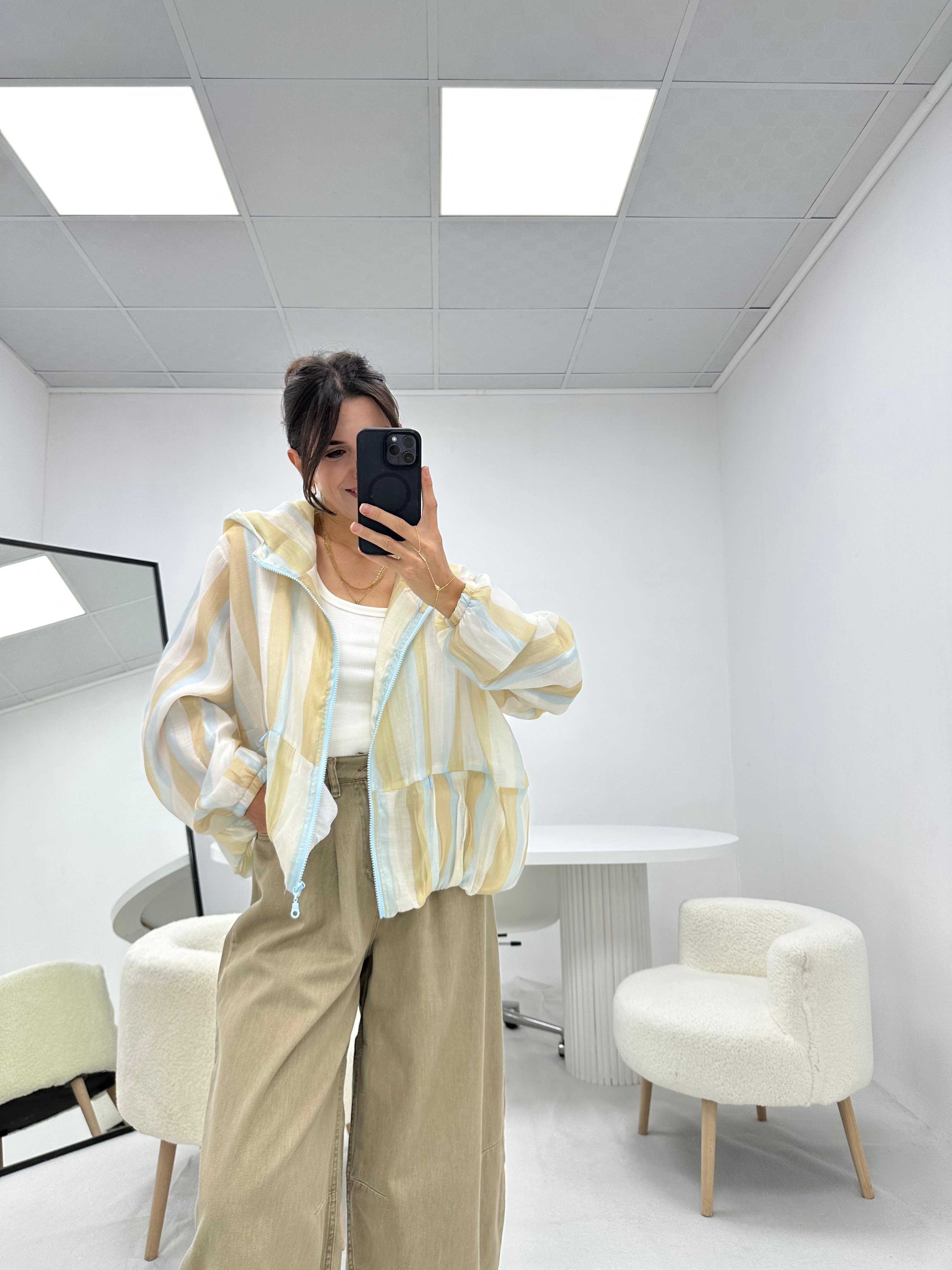 Şerit Detaylı Mavi- Camel Bomber Ceket 