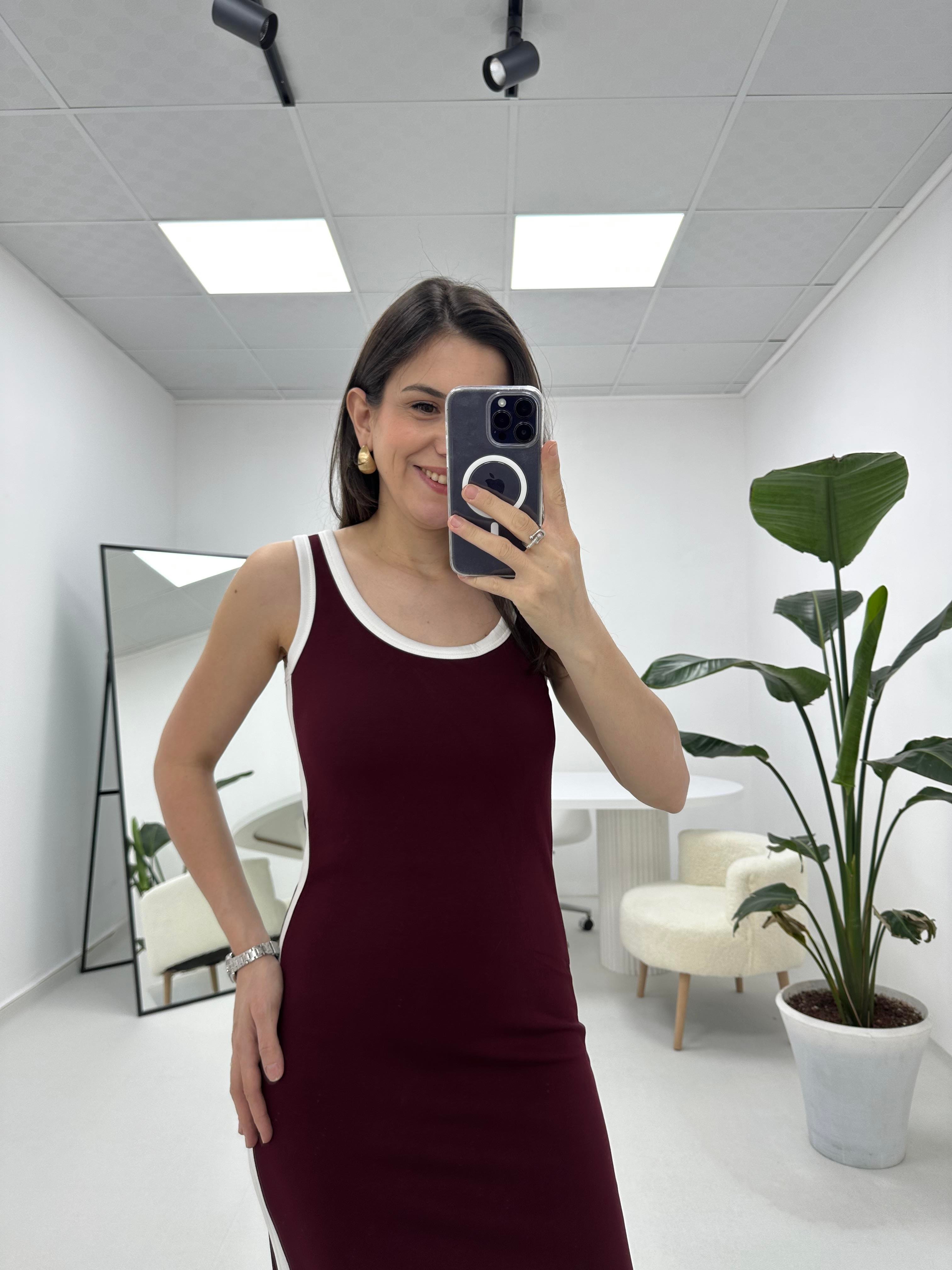 Şerit Detaylı Modal Kumaş Bordo Elbise