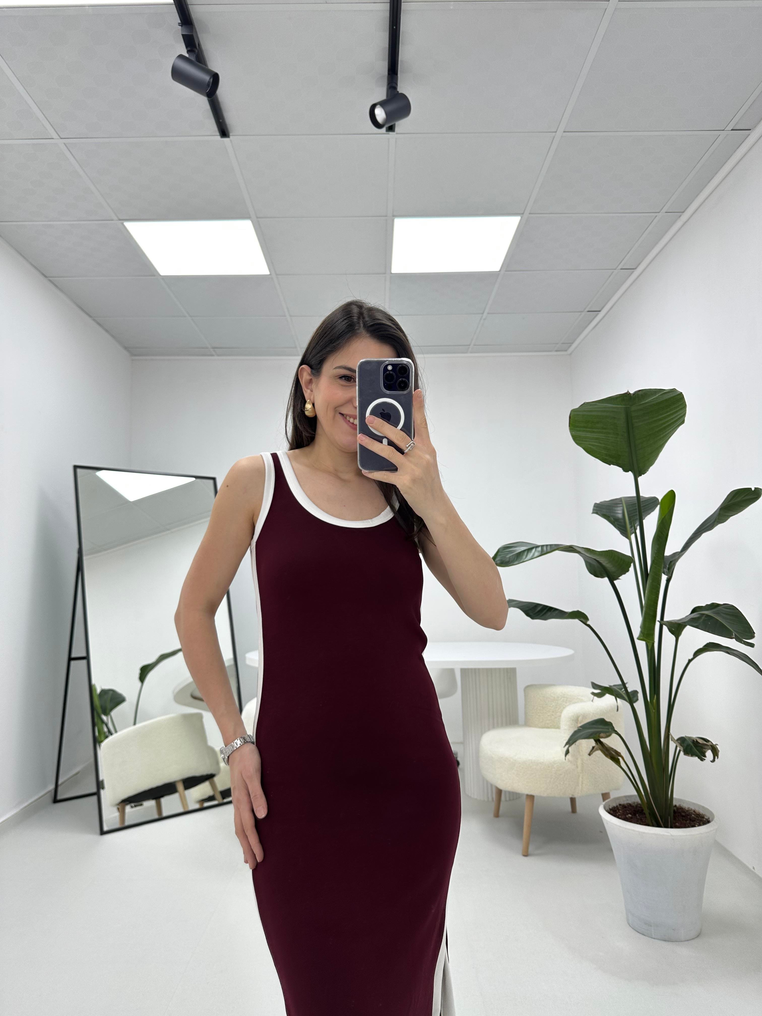 Şerit Detaylı Modal Kumaş Bordo Elbise