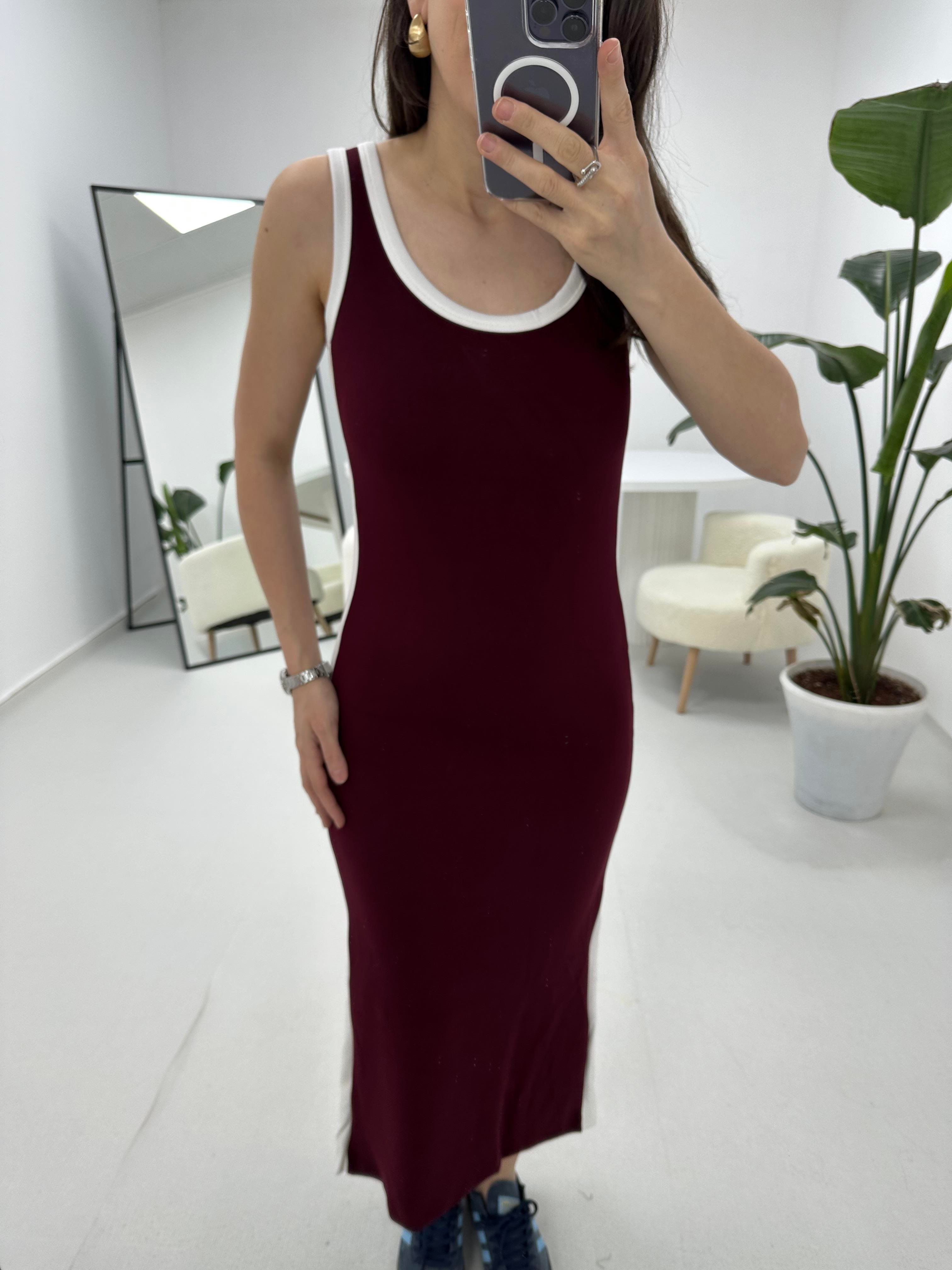 Şerit Detaylı Modal Kumaş Bordo Elbise