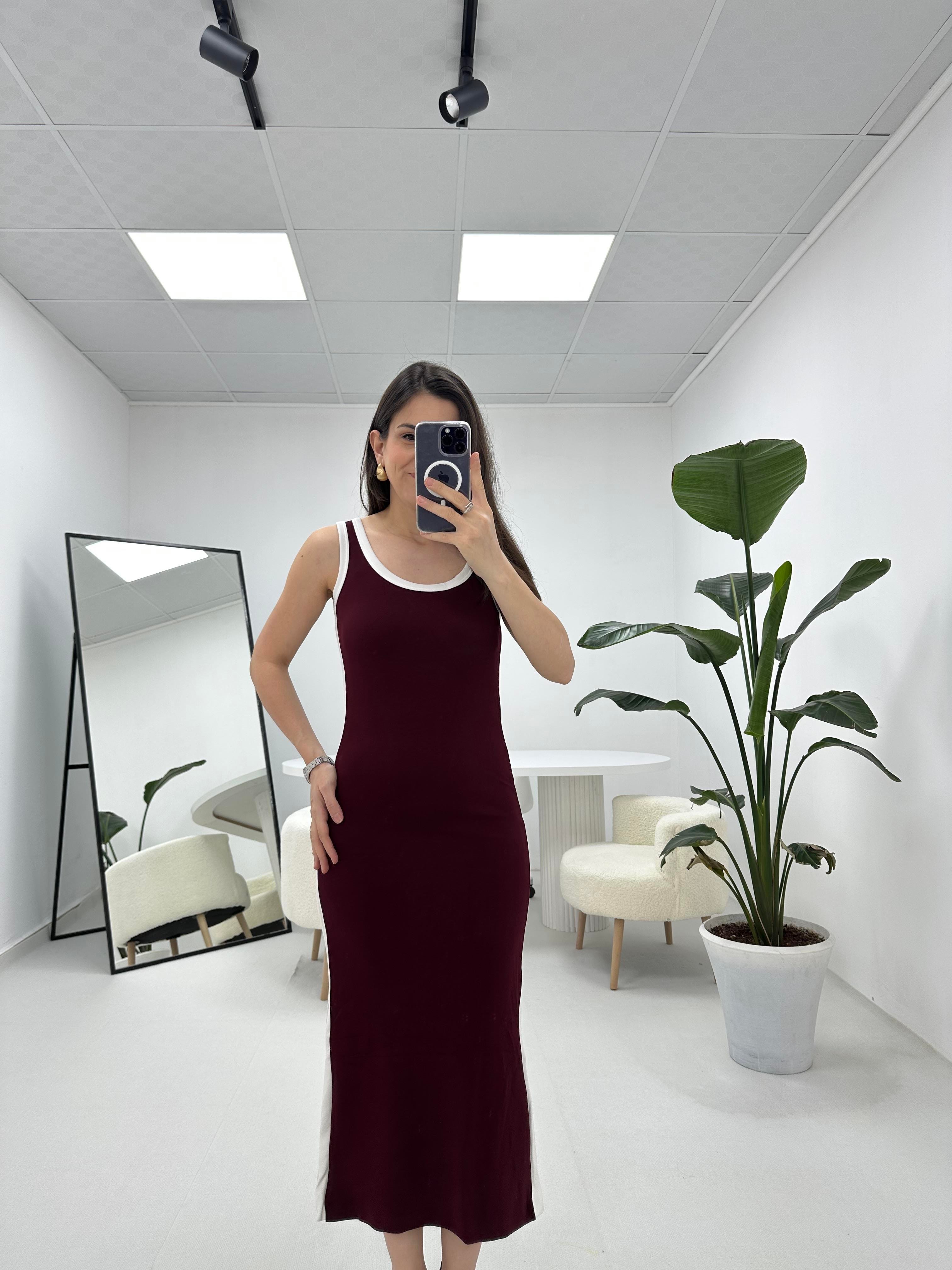 Şerit Detaylı Modal Kumaş Bordo Elbise