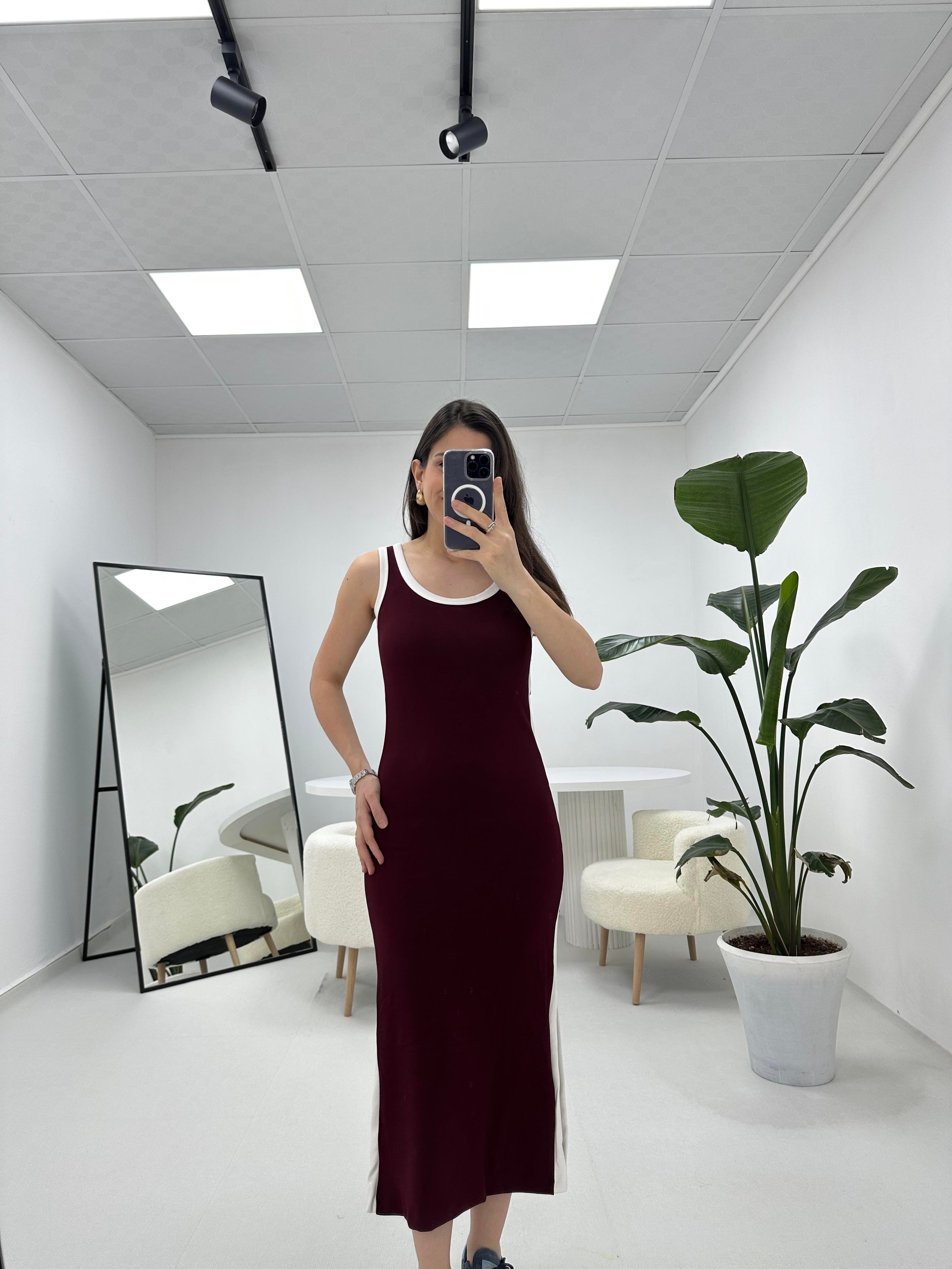 Şerit Detaylı Modal Kumaş Bordo Elbise