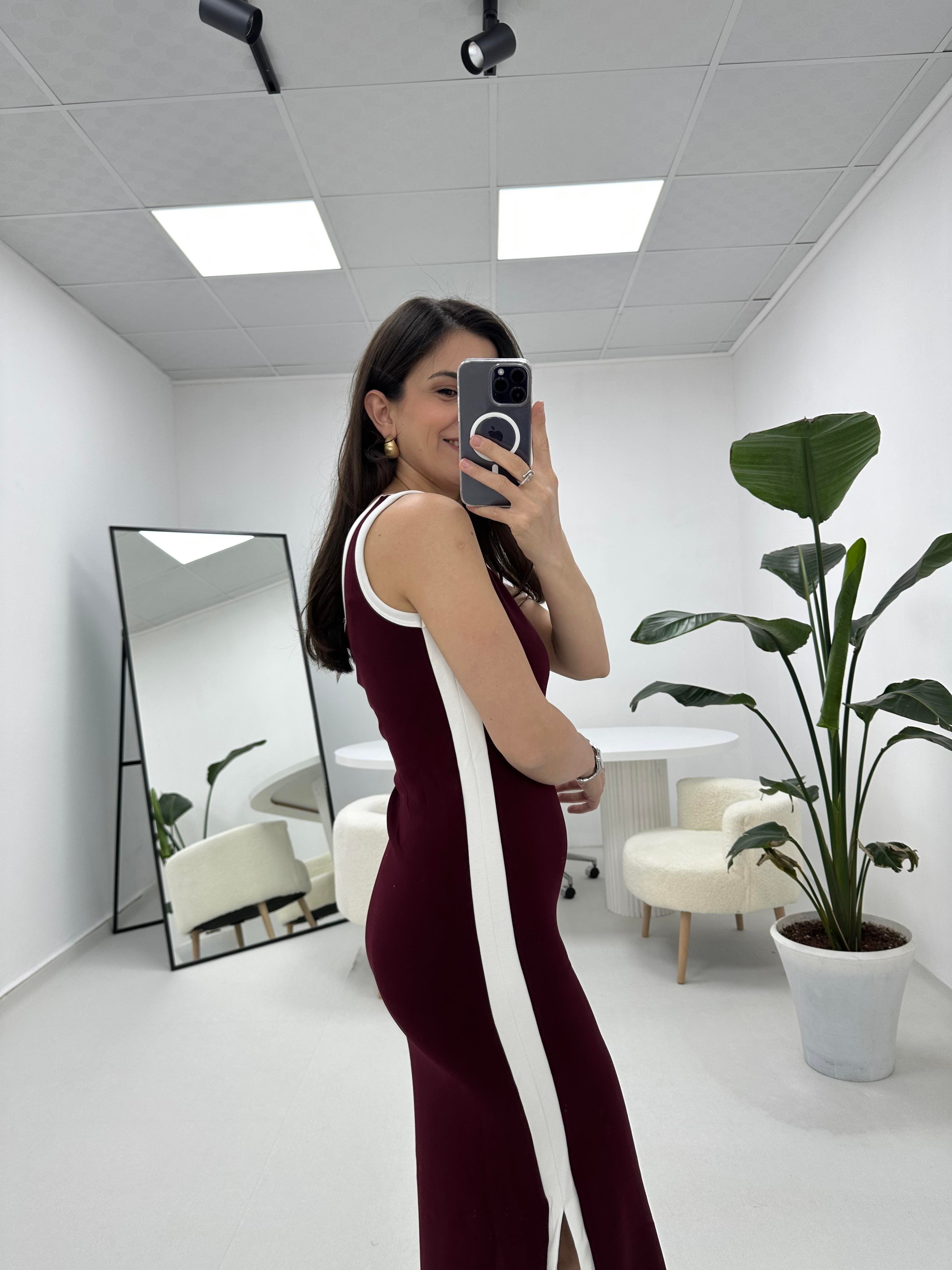Şerit Detaylı Modal Kumaş Bordo Elbise