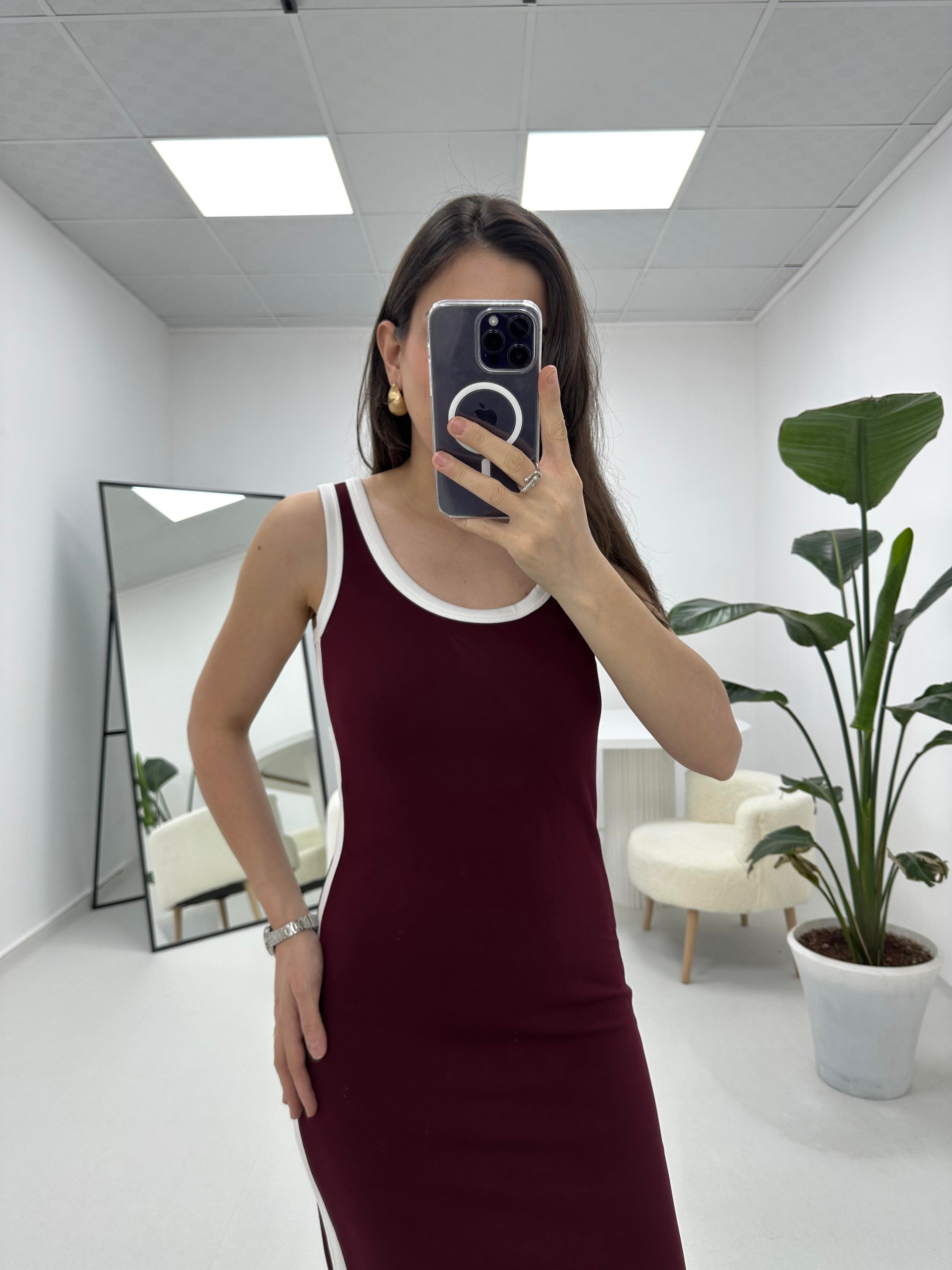 Şerit Detaylı Modal Kumaş Bordo Elbise