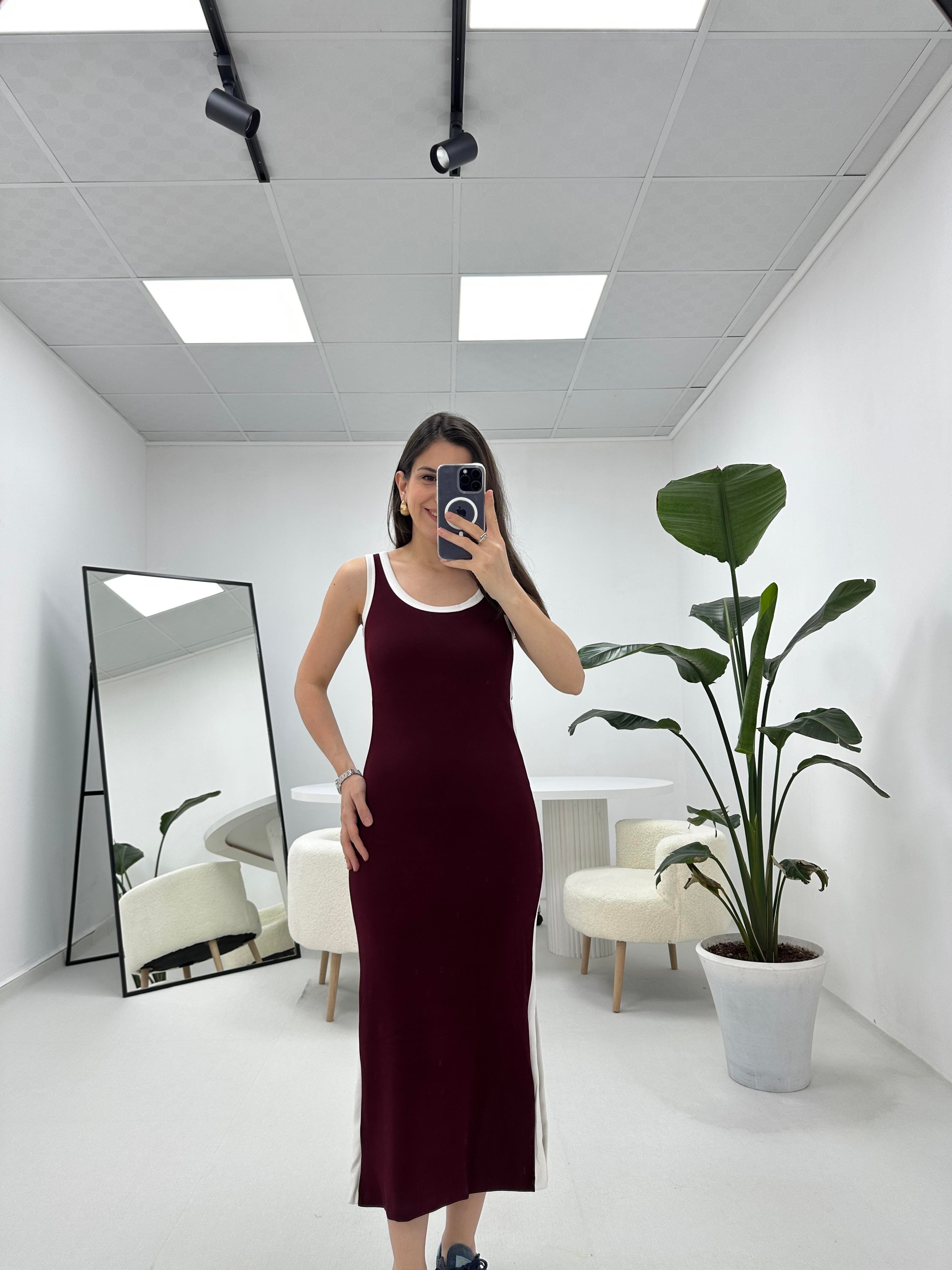 Şerit Detaylı Modal Kumaş Bordo Elbise
