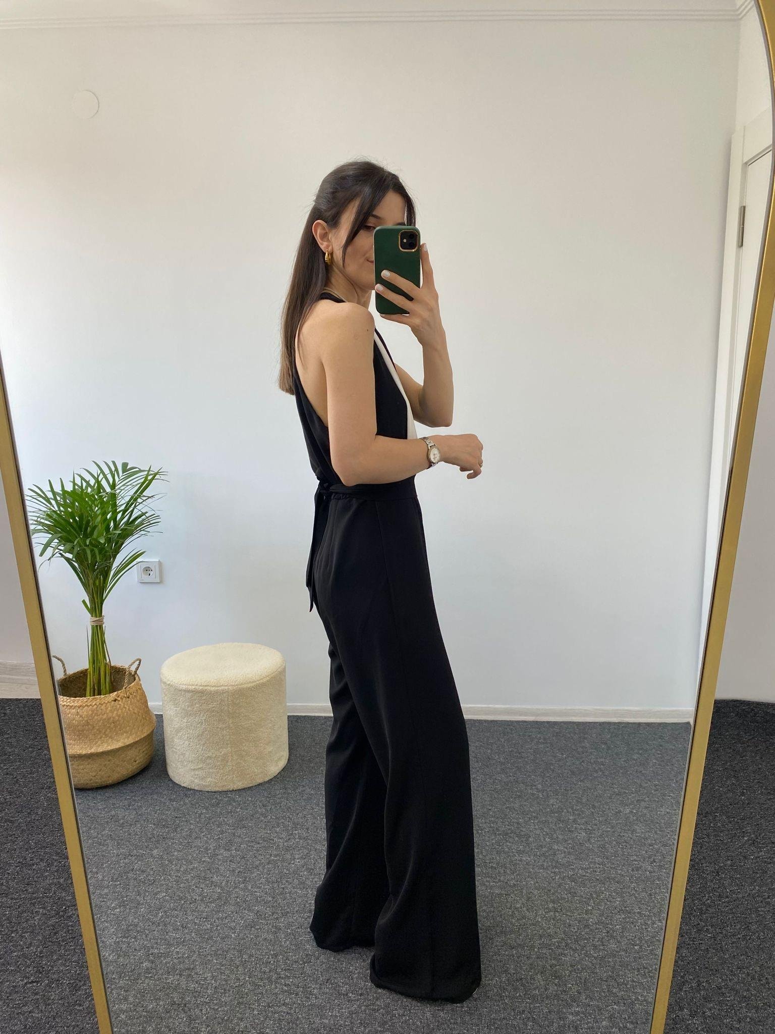 SİYAH BEYAZ HALTER YAKA TULUM
