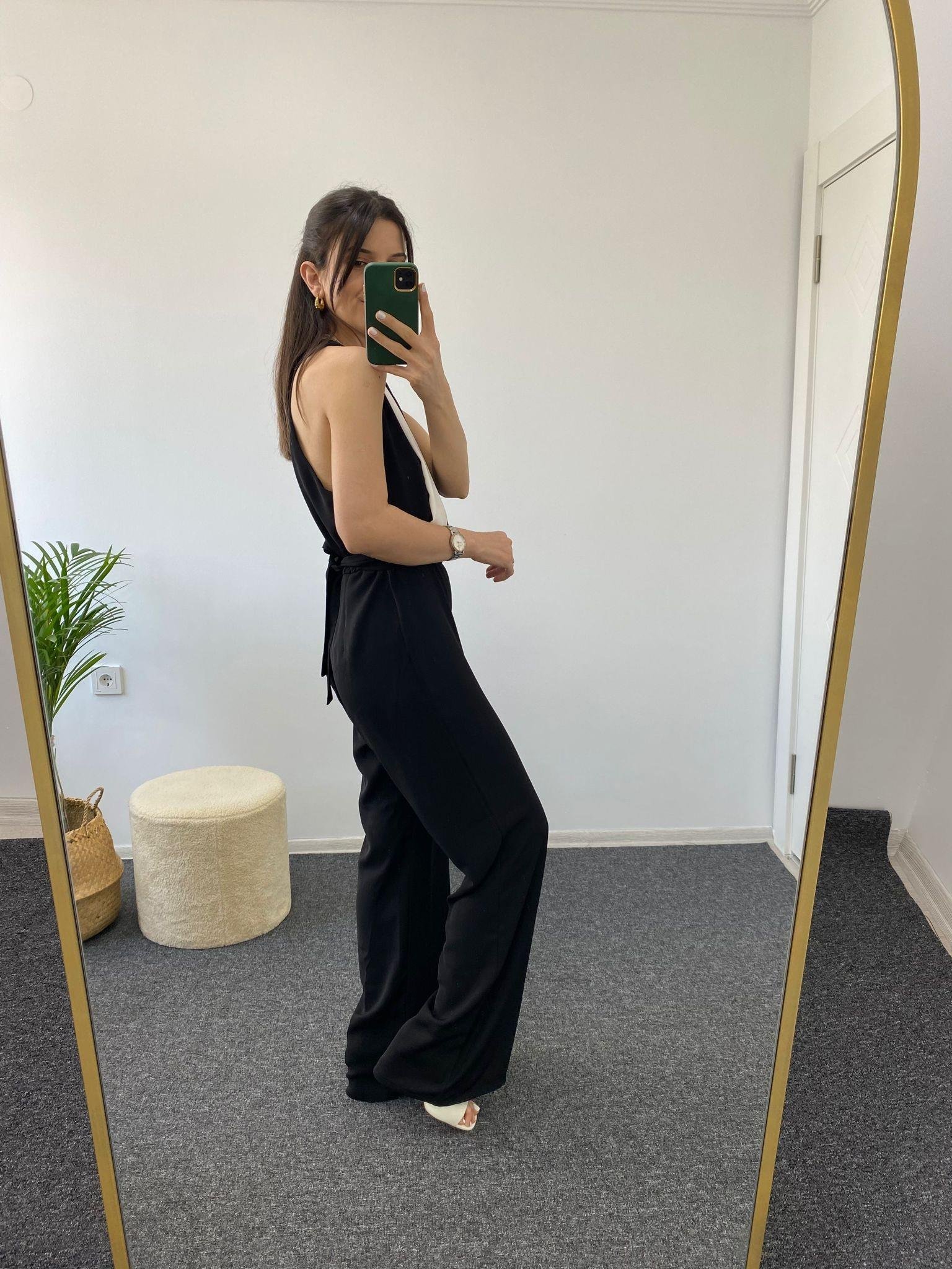 SİYAH BEYAZ HALTER YAKA TULUM