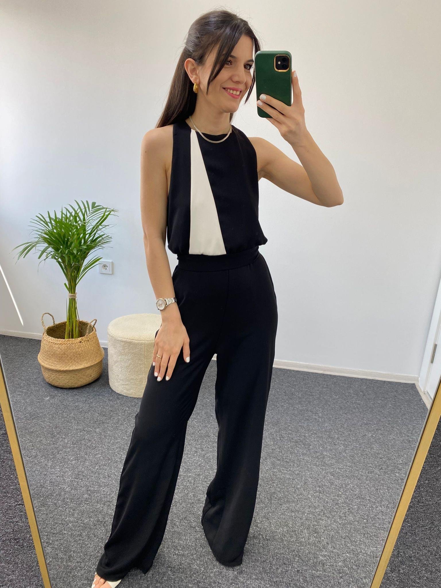 SİYAH BEYAZ HALTER YAKA TULUM