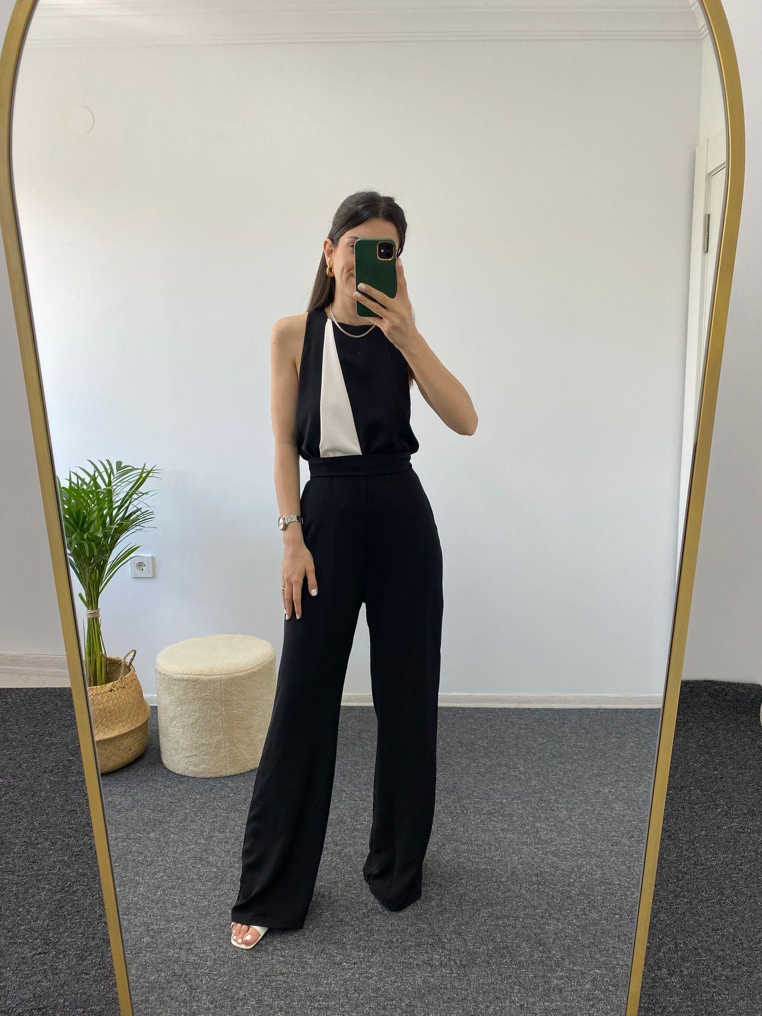 SİYAH BEYAZ HALTER YAKA TULUM