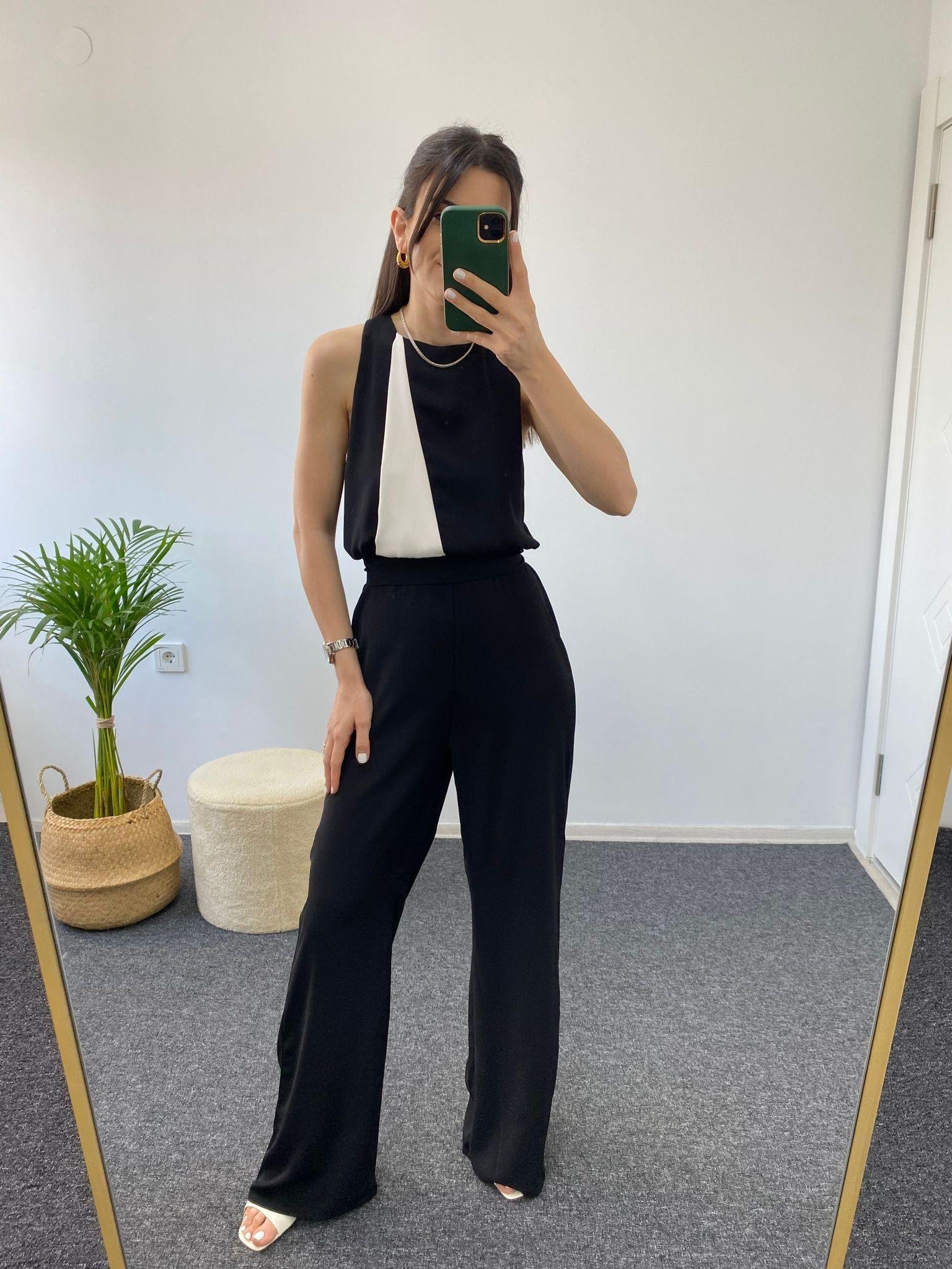 SİYAH BEYAZ HALTER YAKA TULUM