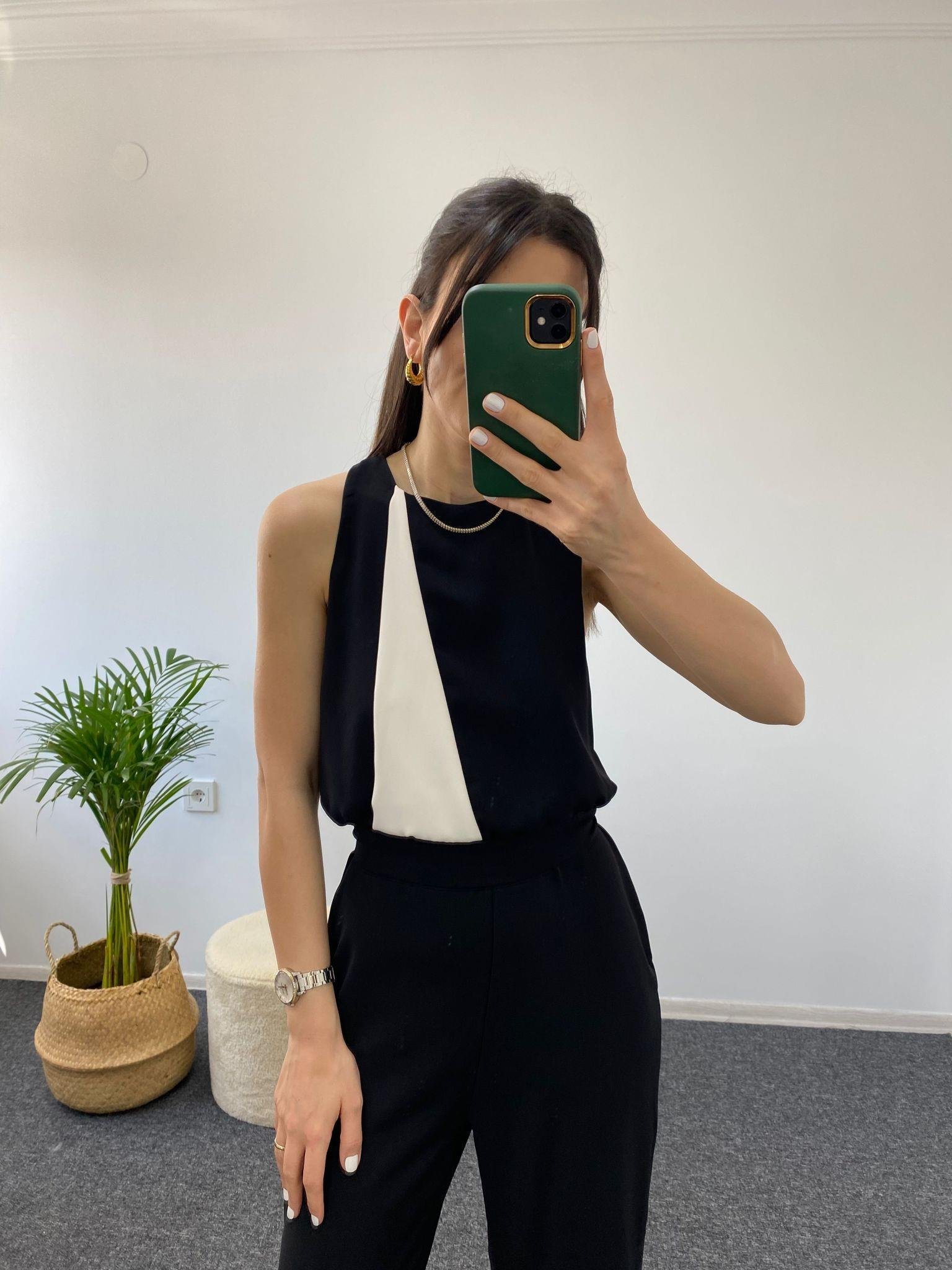 SİYAH BEYAZ HALTER YAKA TULUM