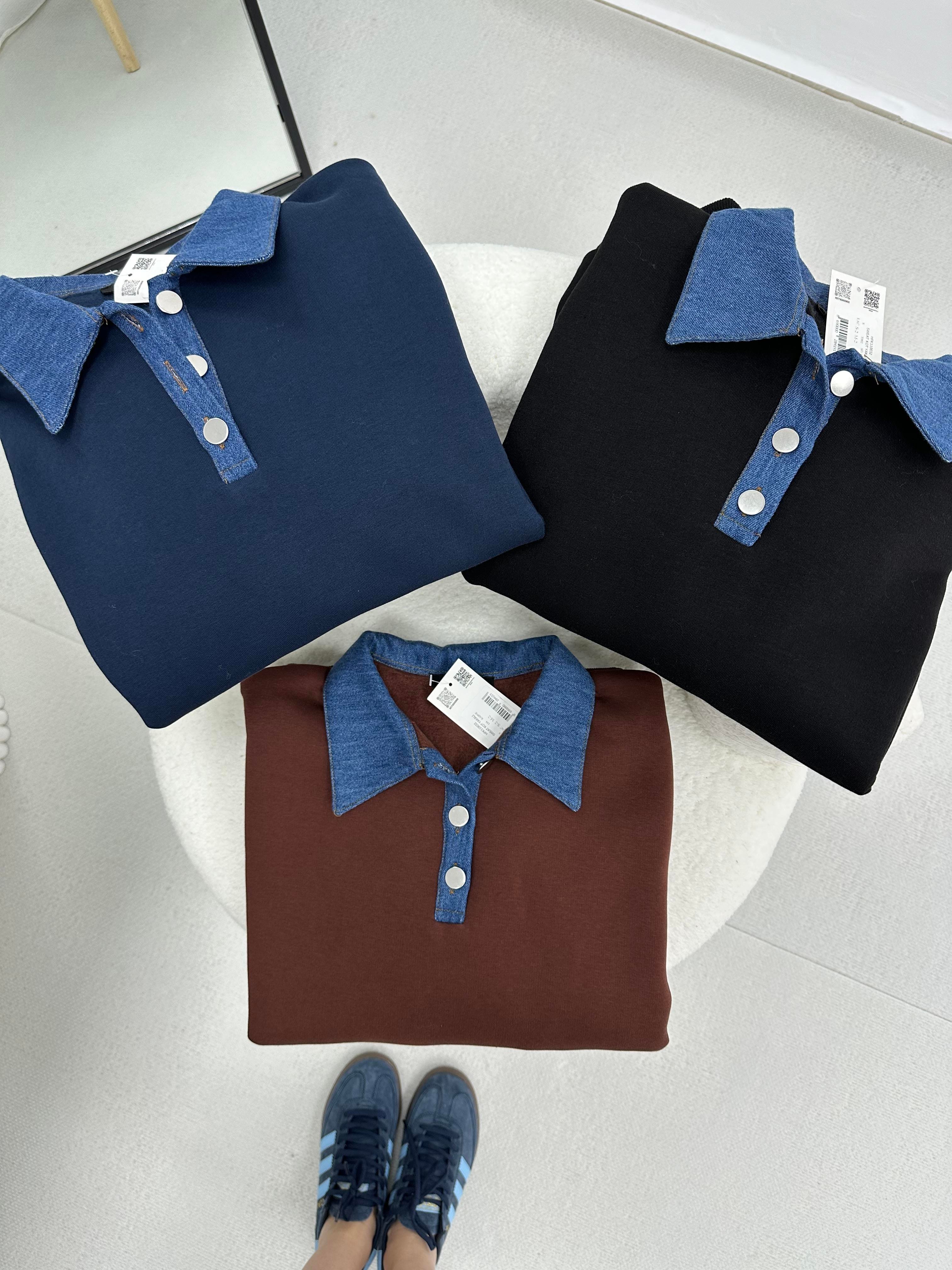 Siyah Yakası Kot Detaylı Şardonlu Sweatshirt