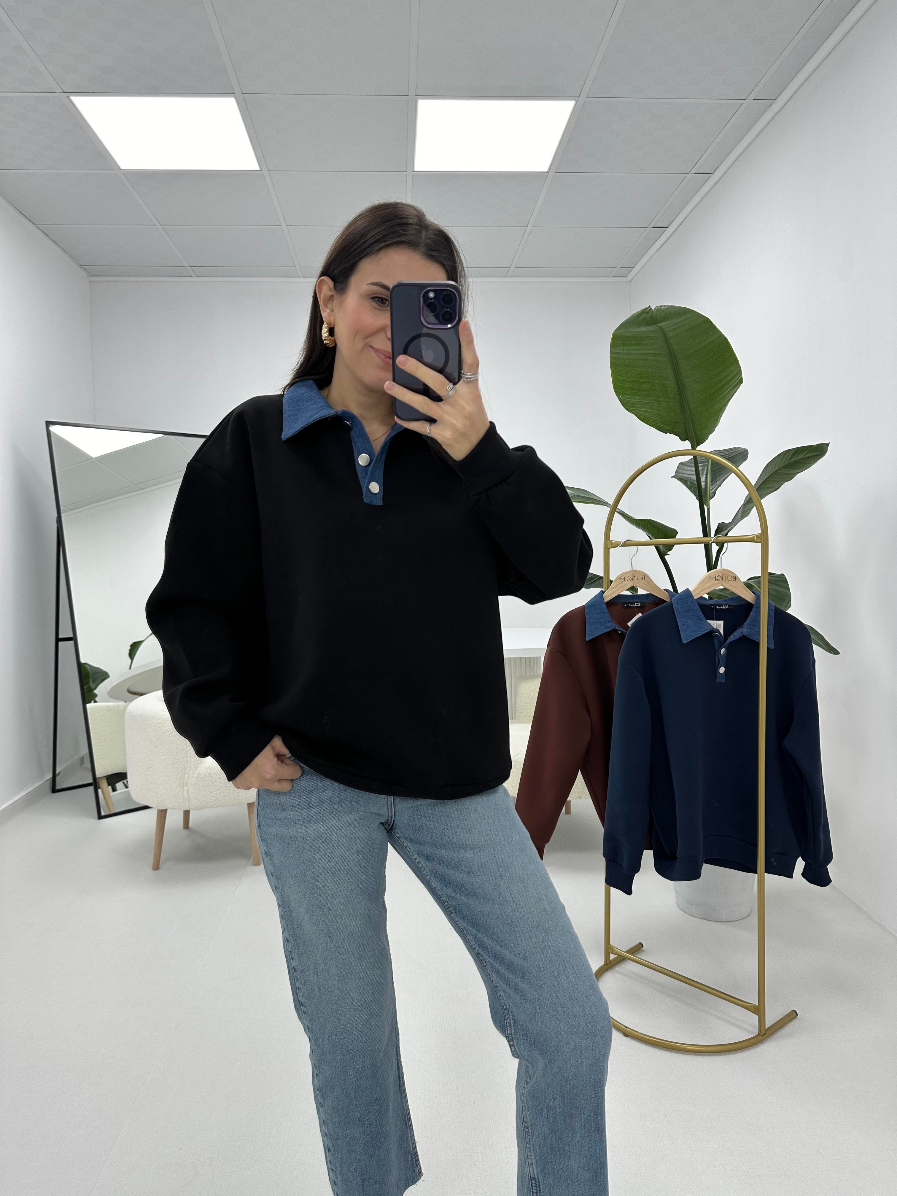 Siyah Yakası Kot Detaylı Şardonlu Sweatshirt